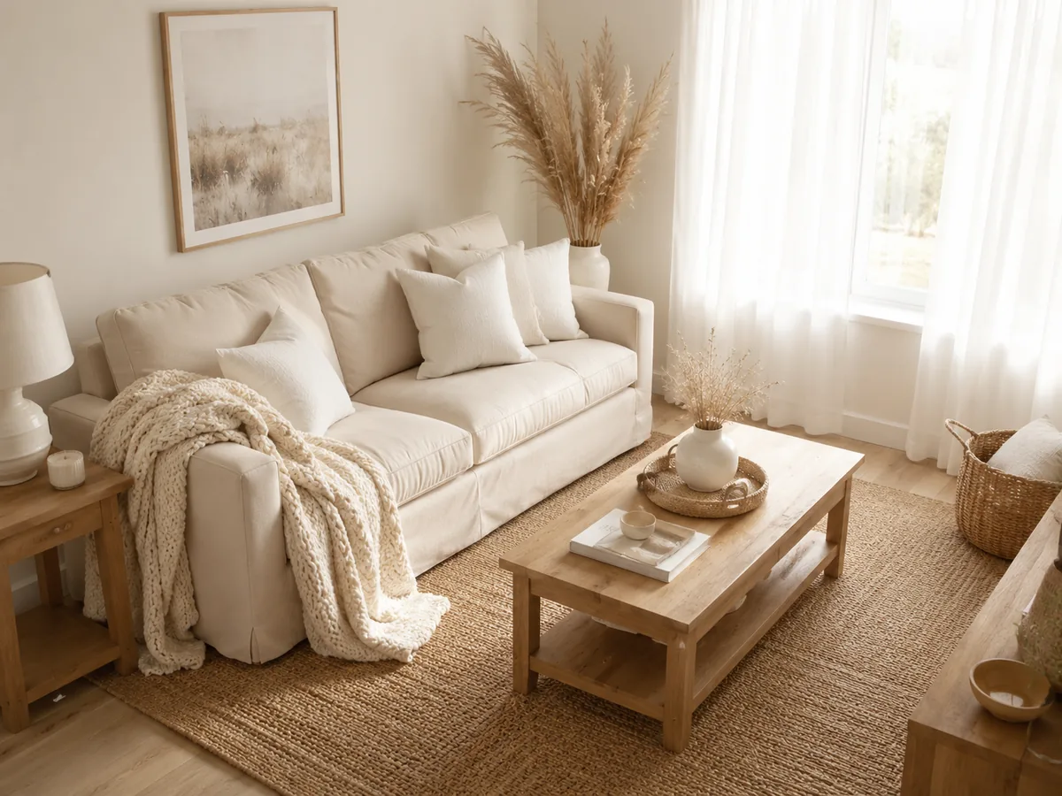 Light monochromatic neutral living room with layered warm tones