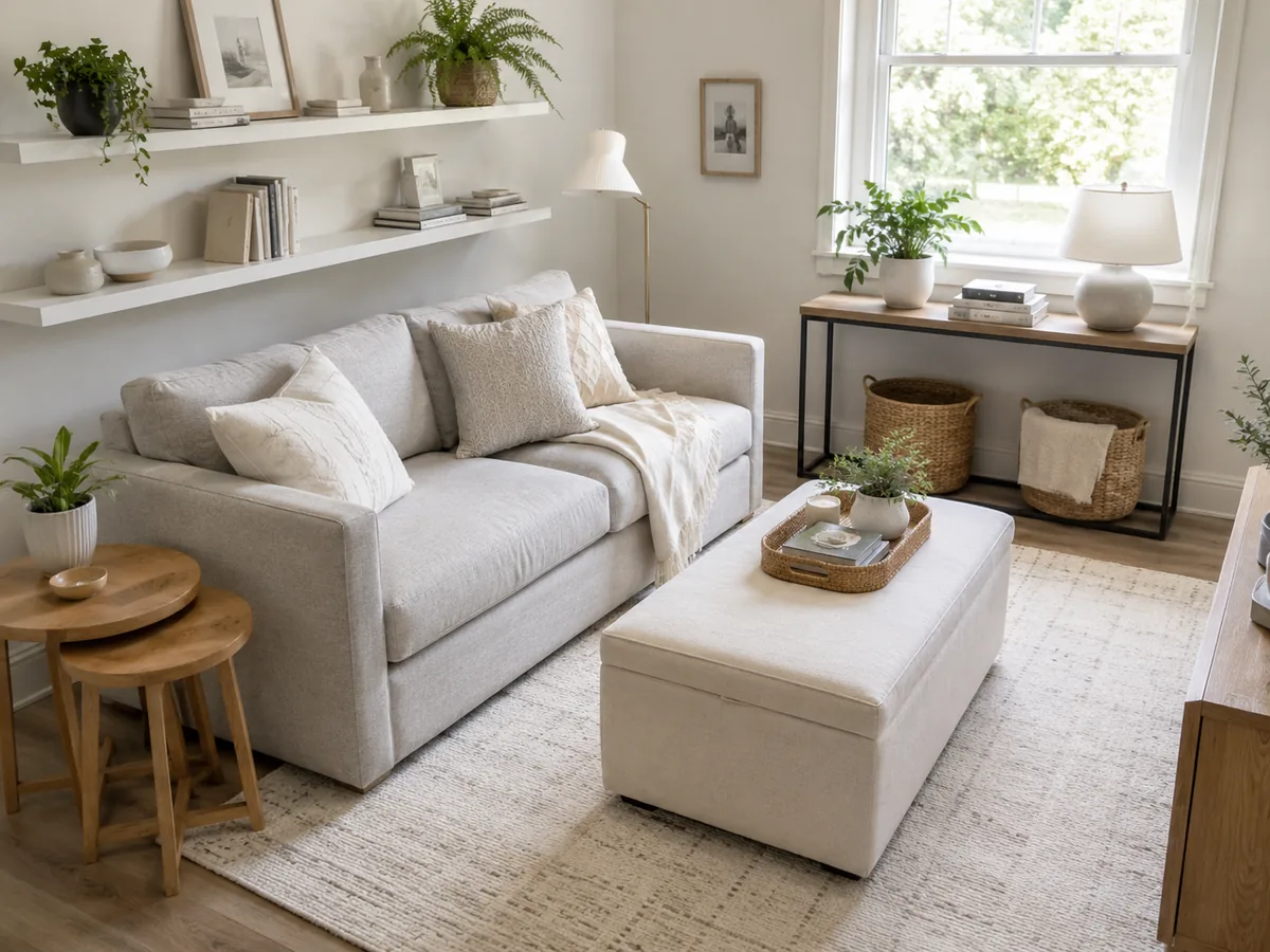Multifunctional furniture in a minimalist living room
