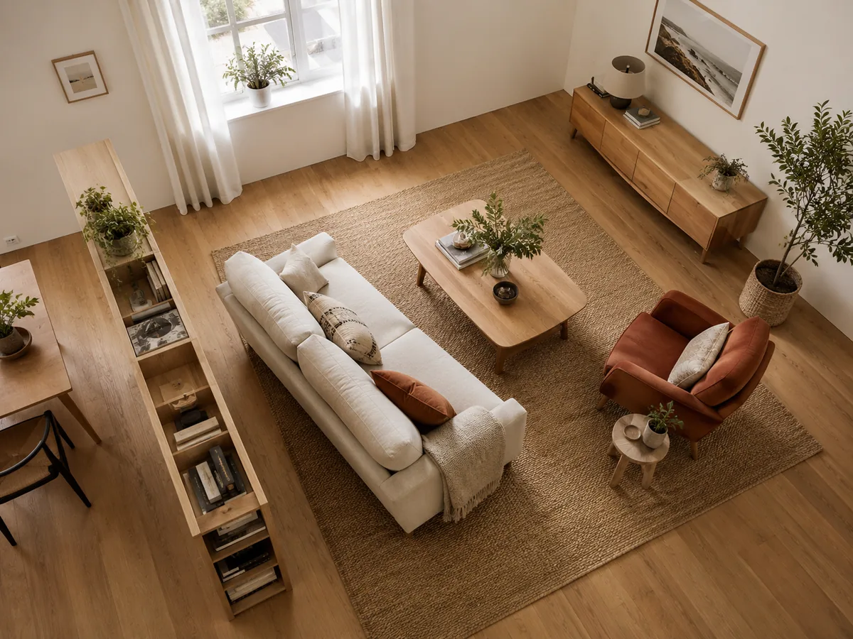 Furniture arranged for flow and zones in a minimalist room