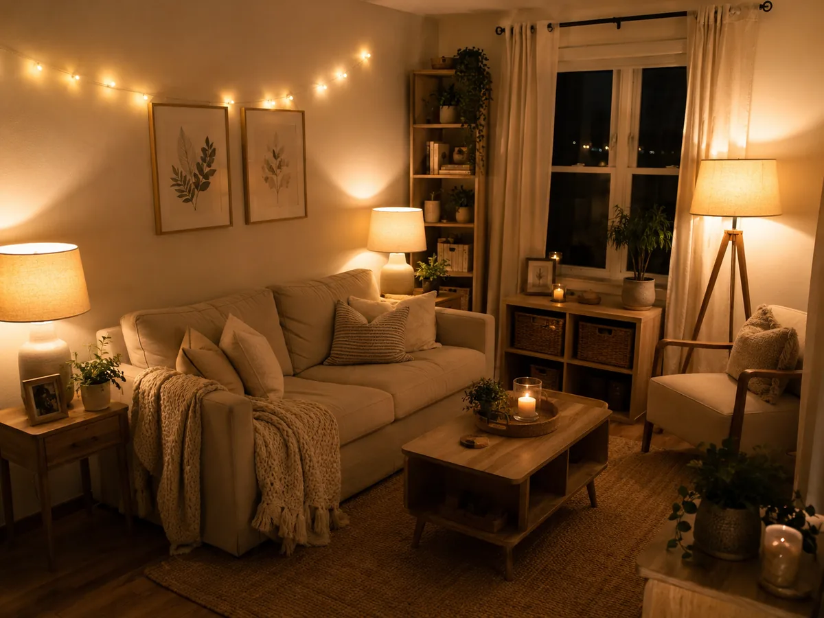 Layered lighting in a minimalist living room