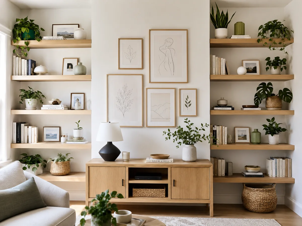 Vertical storage and curated display in minimalist living room