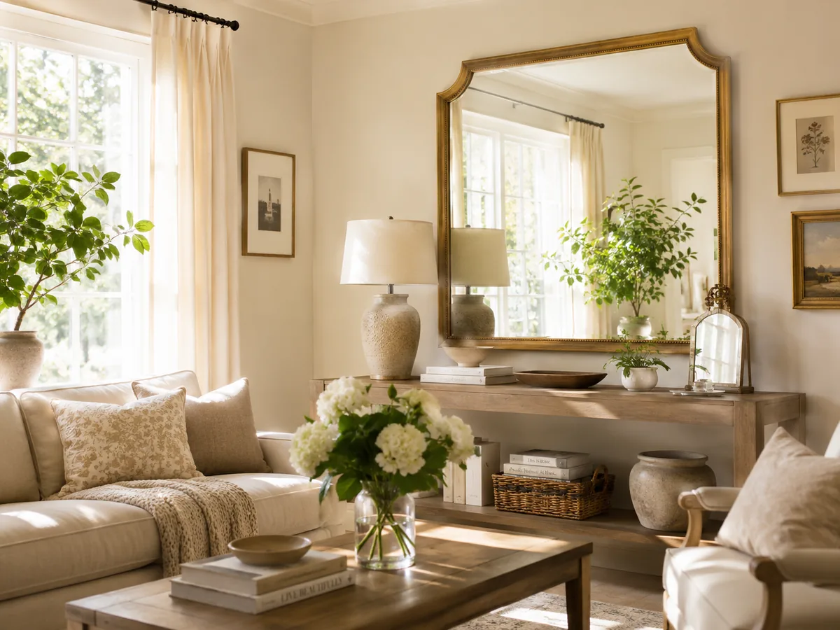 Mirrors and reflective surfaces in a minimalist living room