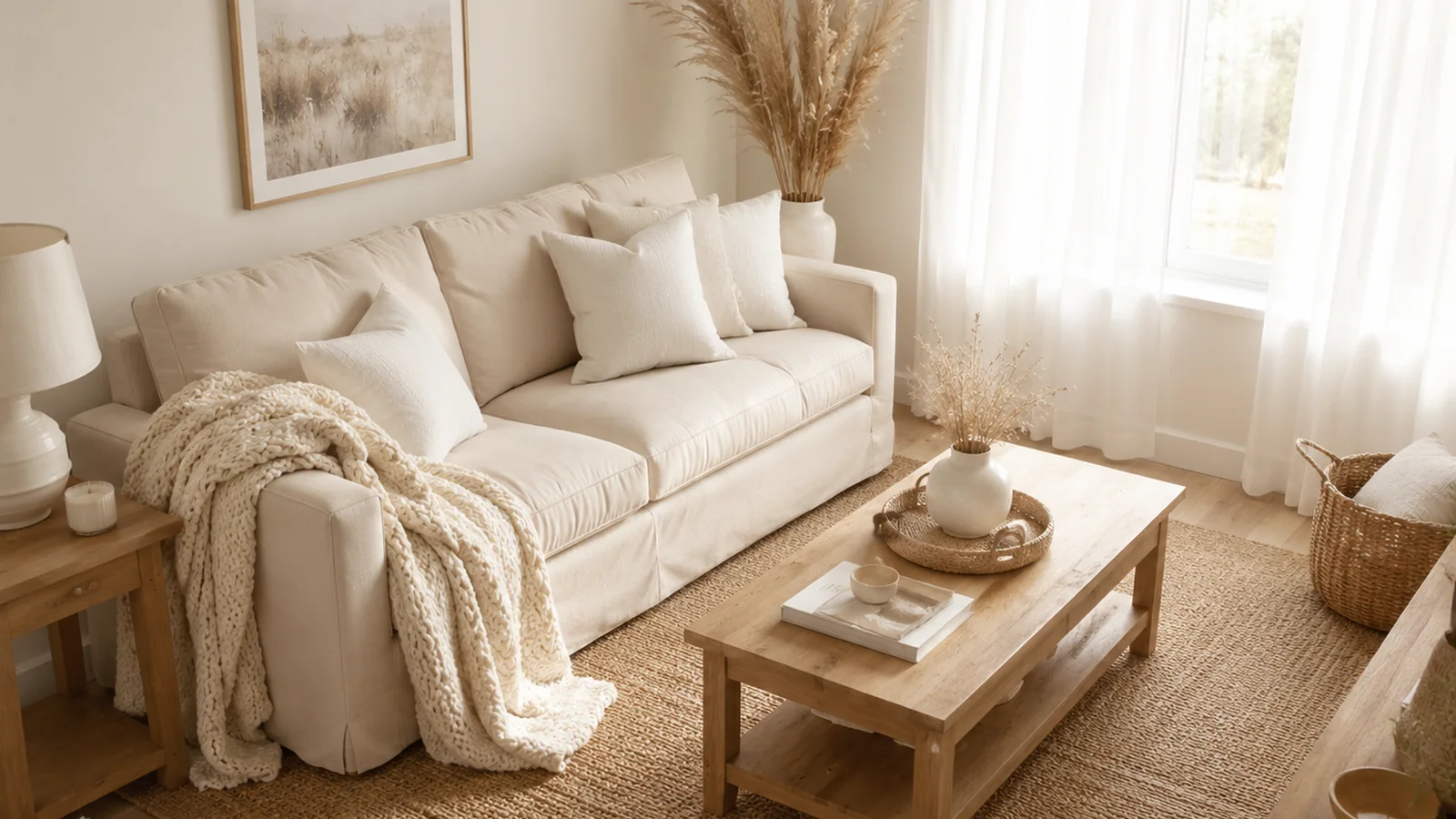 Minimalist living room with warm neutral decor and natural light