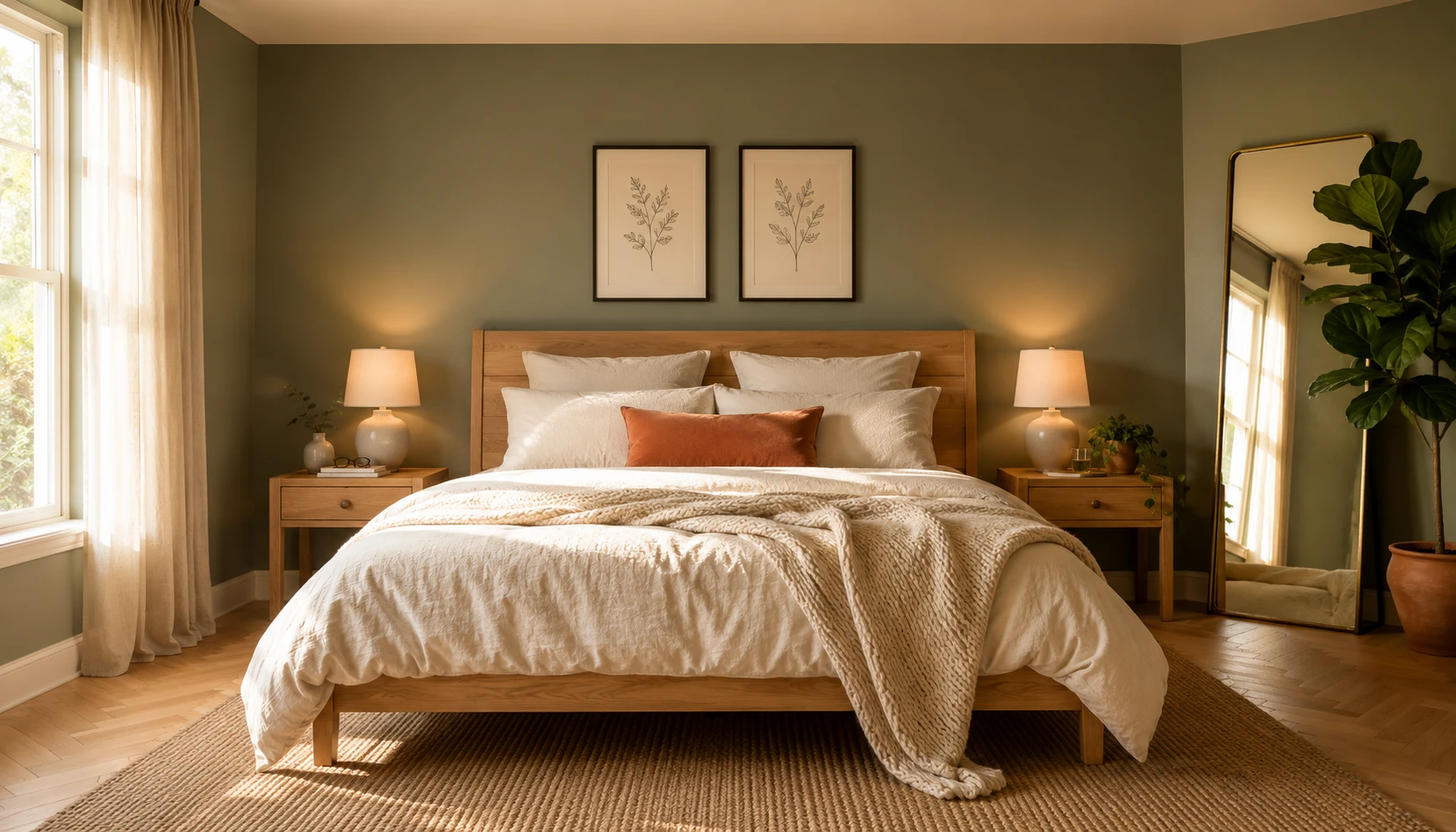 Beautiful sage green bedroom with cream bedding and warm wood furniture creating a calming sanctuary