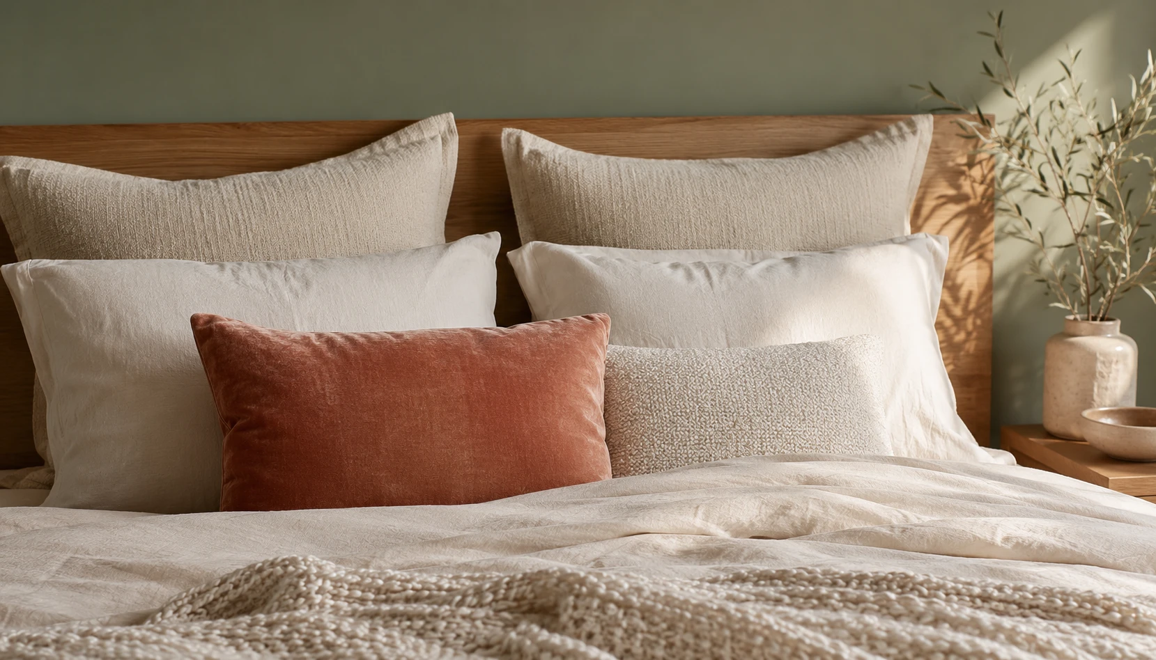 Sage green bedroom with cream linen bedding chunky knit throw and natural textiles