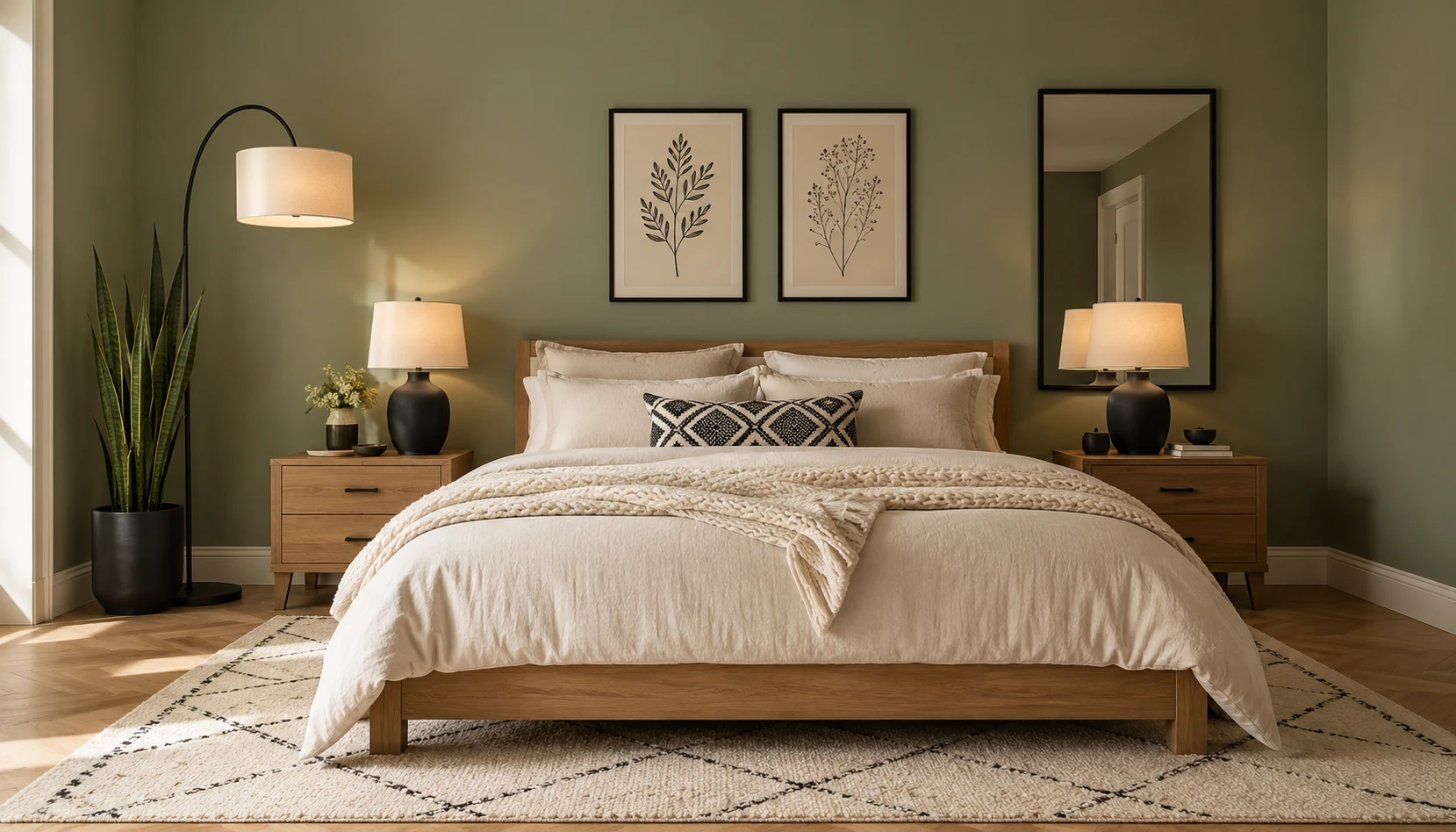 Sage green bedroom with black accents modern sophisticated design