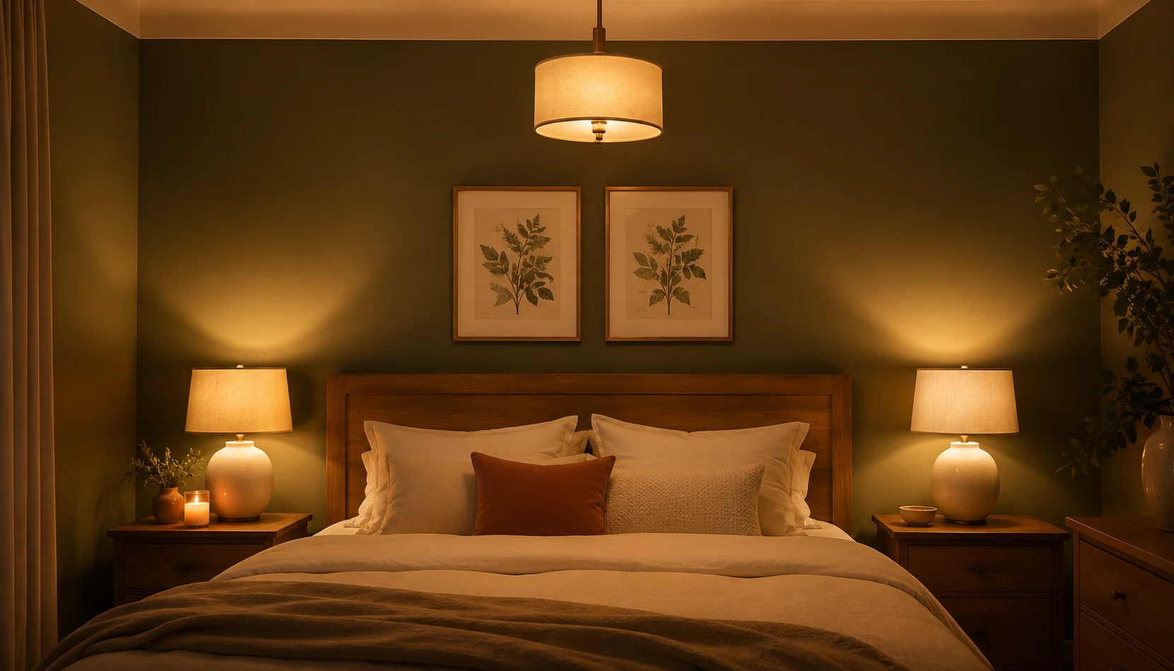 Sage green bedroom with layered warm lighting bedside lamps and pendant lighting