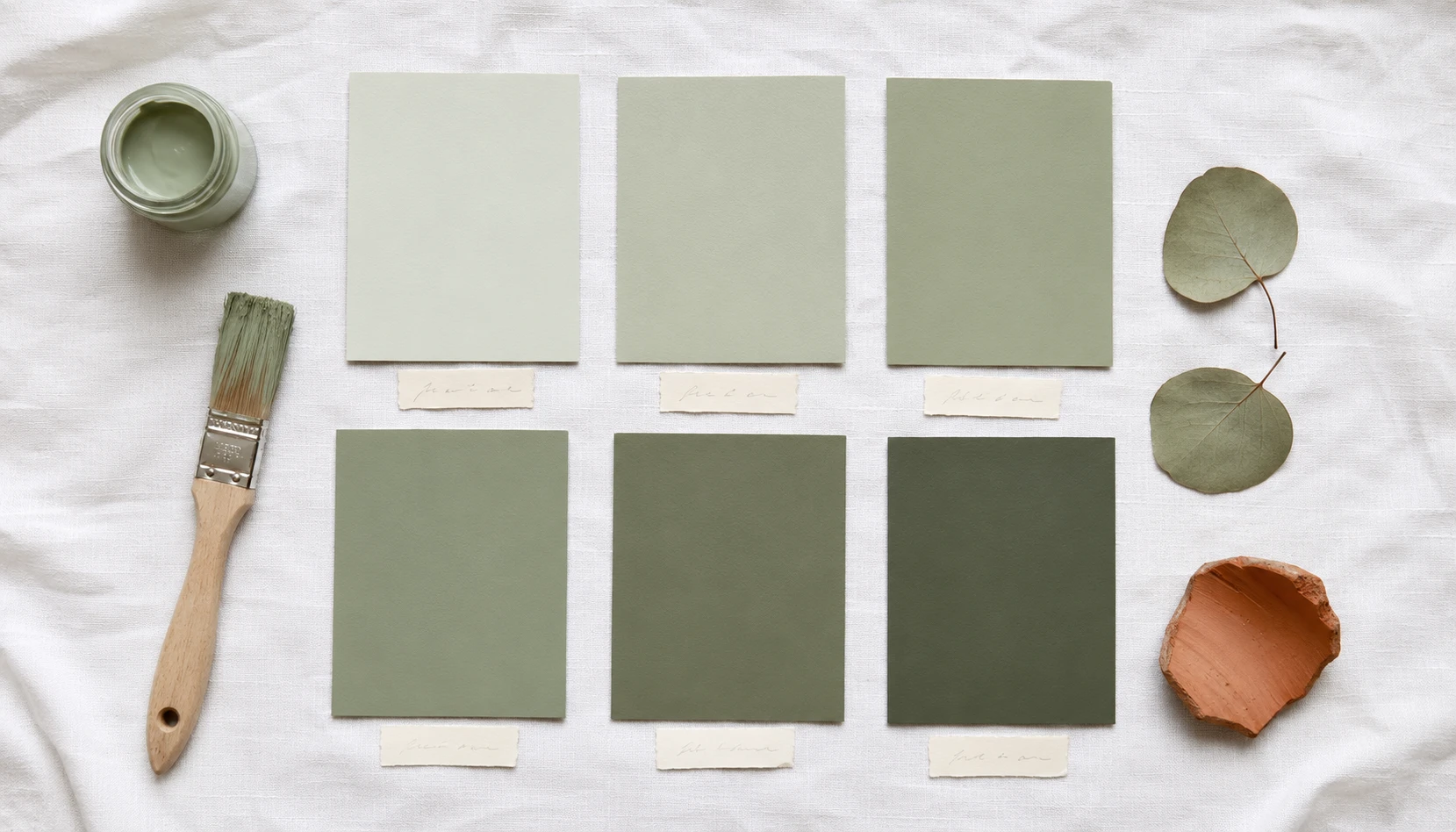 Different sage green paint shade swatches showing range from cool to warm sage tones