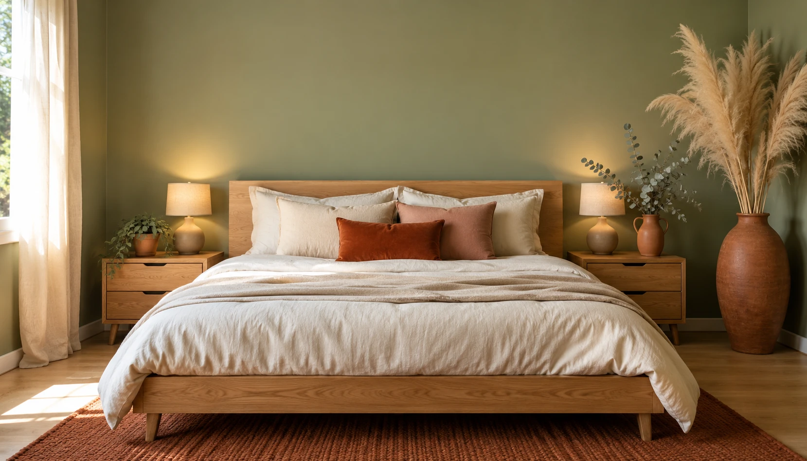 Sage green and terracotta bedroom combination warm earthy palette 2026 trend