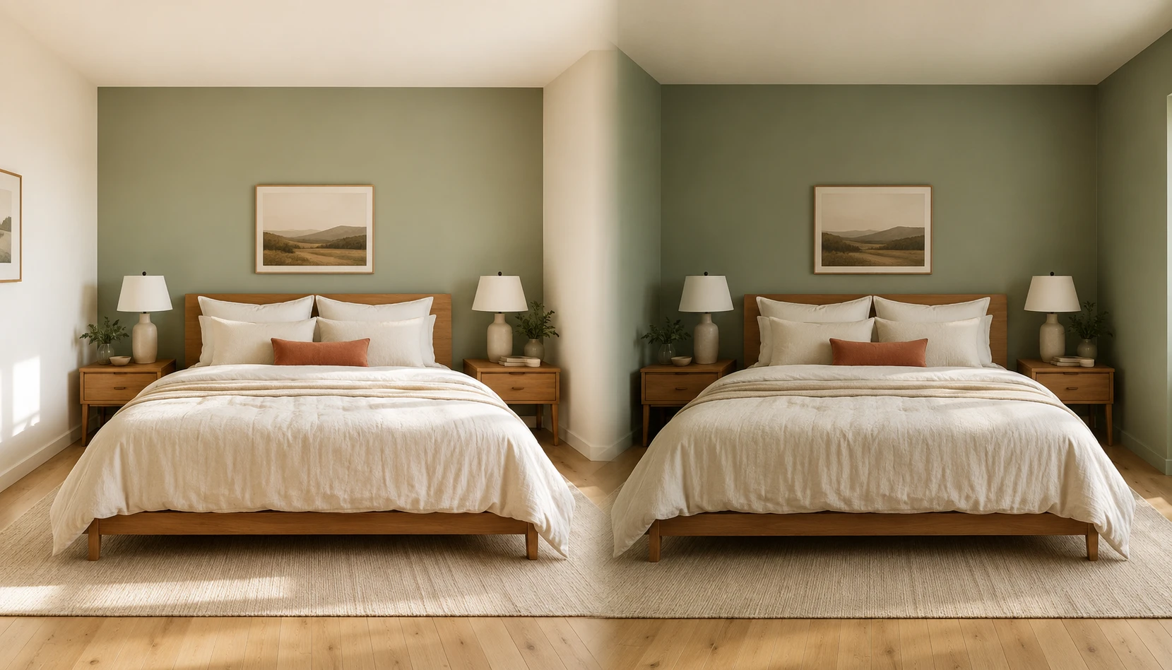 Sage green bedroom showing full wall colour vs accent wall comparison