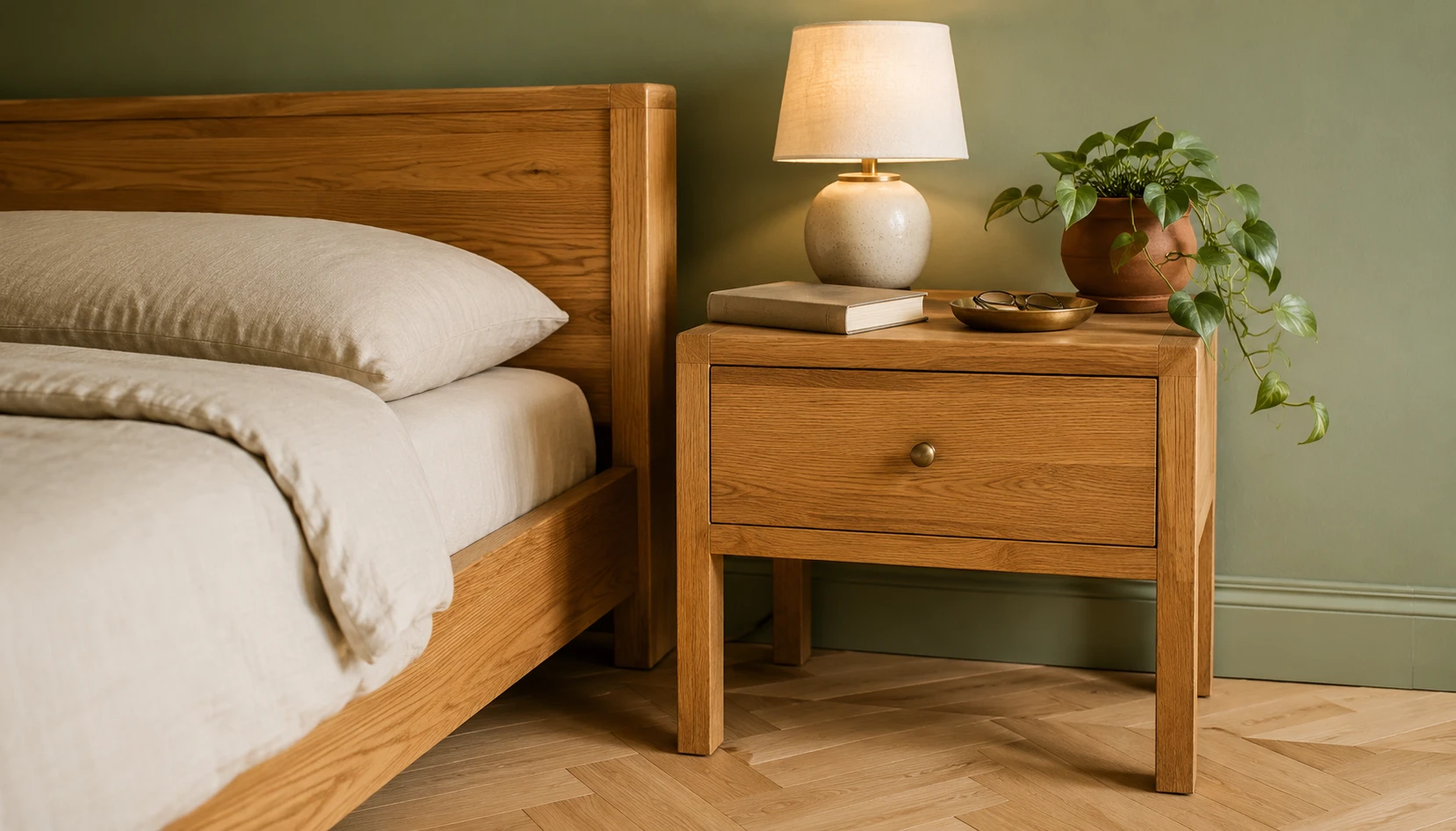 Sage green bedroom with light oak natural wood furniture warm honey tones