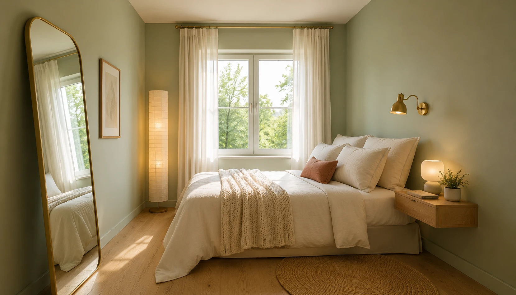 Small sage green bedroom with smart space saving design and light filled atmosphere