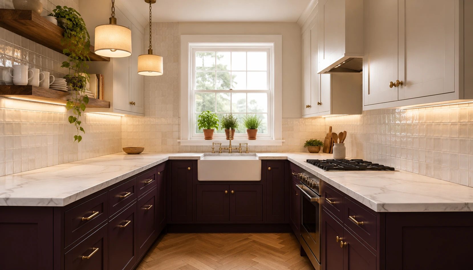 Deep plum kitchen cabinets with aged brass hardware and white marble counters creating a moody sophisticated 2026 kitchen