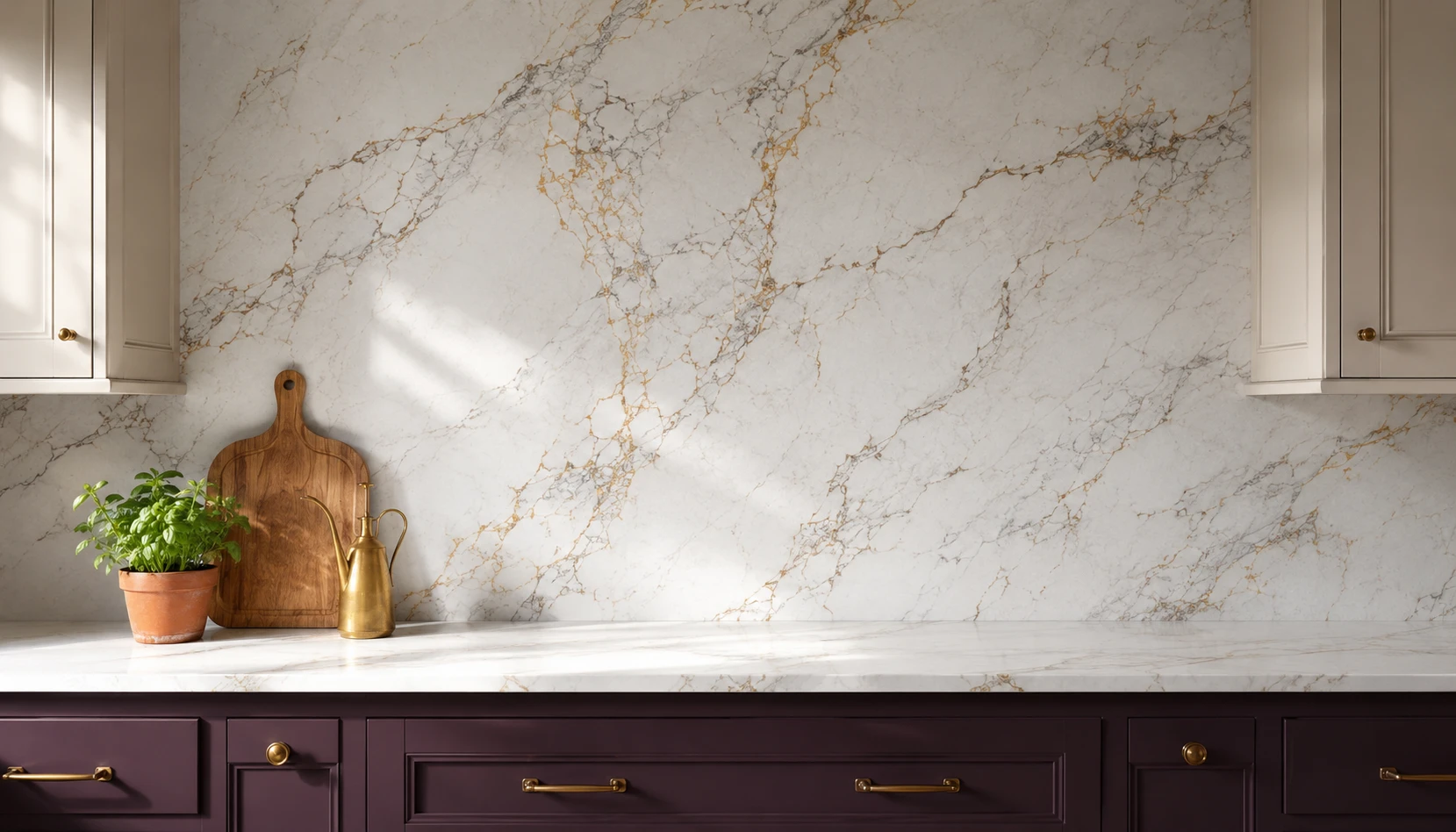 Deep plum kitchen with marble slab backsplash extending to upper cabinets creating luxe feature wall