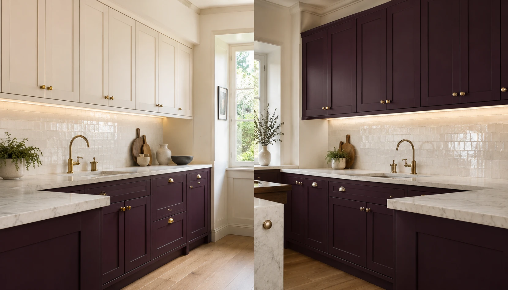 Deep plum kitchen showing full cabinets vs lower cabinets only with cream uppers