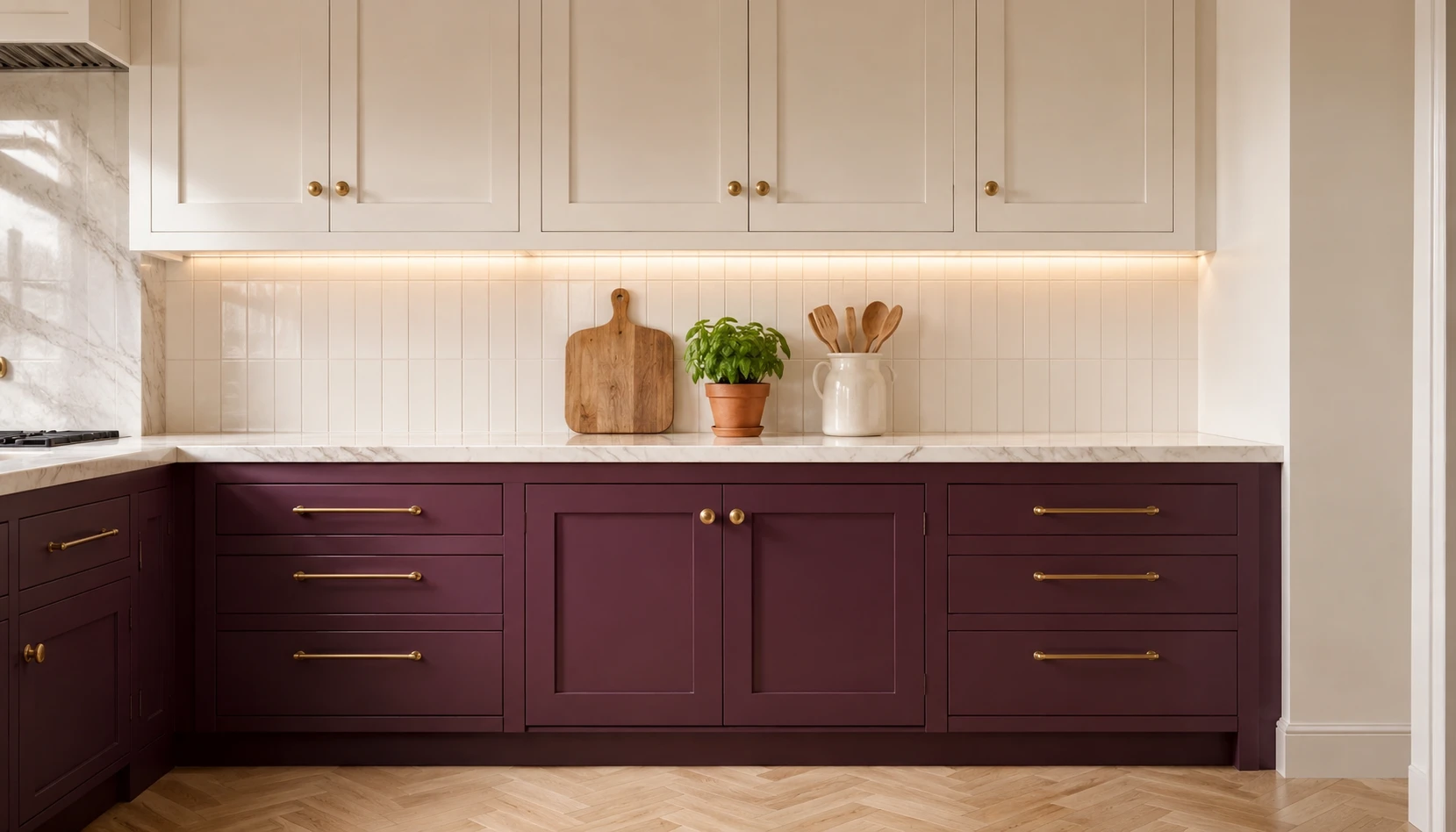 Deep plum lower kitchen cabinets with cream upper cabinets and white marble counter creating balanced look