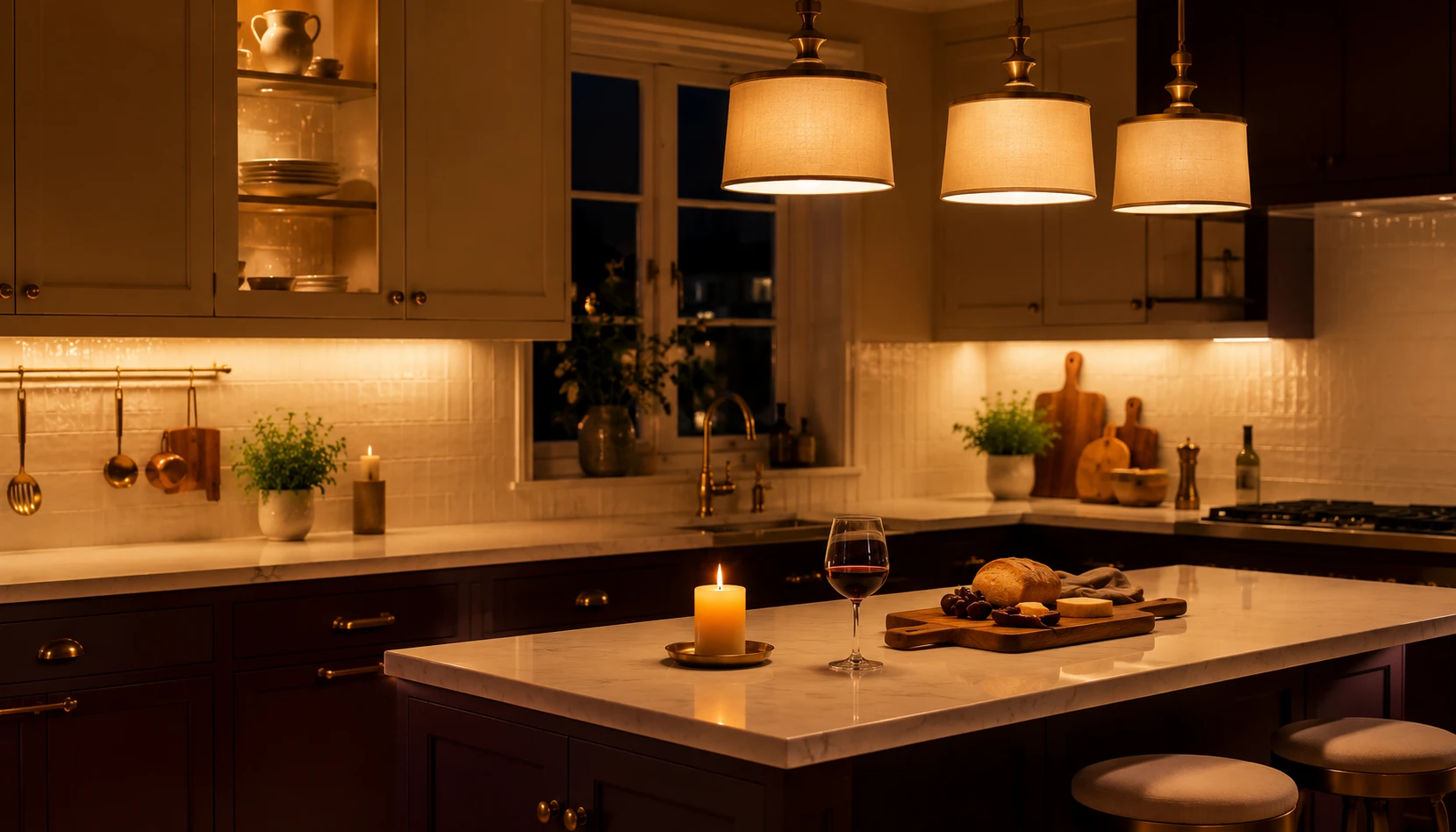 Deep plum kitchen with warm pendant lights and under-cabinet lighting creating atmospheric evening glow
