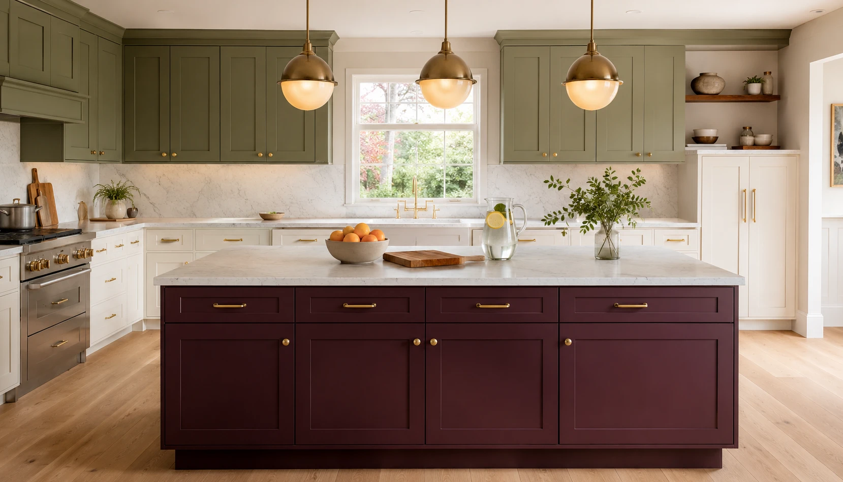 Deep plum kitchen island with sage green wall cabinets creating bold color combination