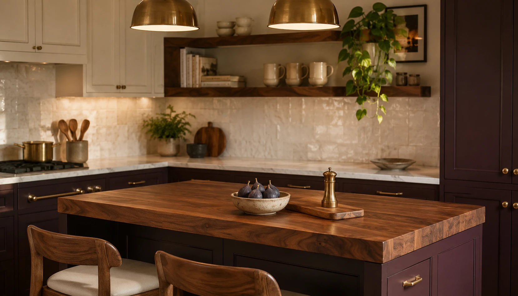 Deep plum kitchen cabinets with rich walnut wood island and floating shelves