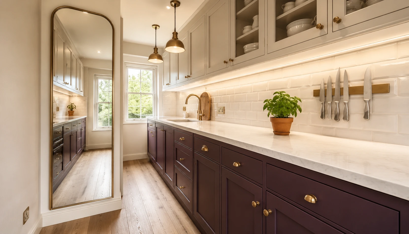 Small kitchen with deep plum lower cabinets and cream uppers showing how plum works in compact kitchens