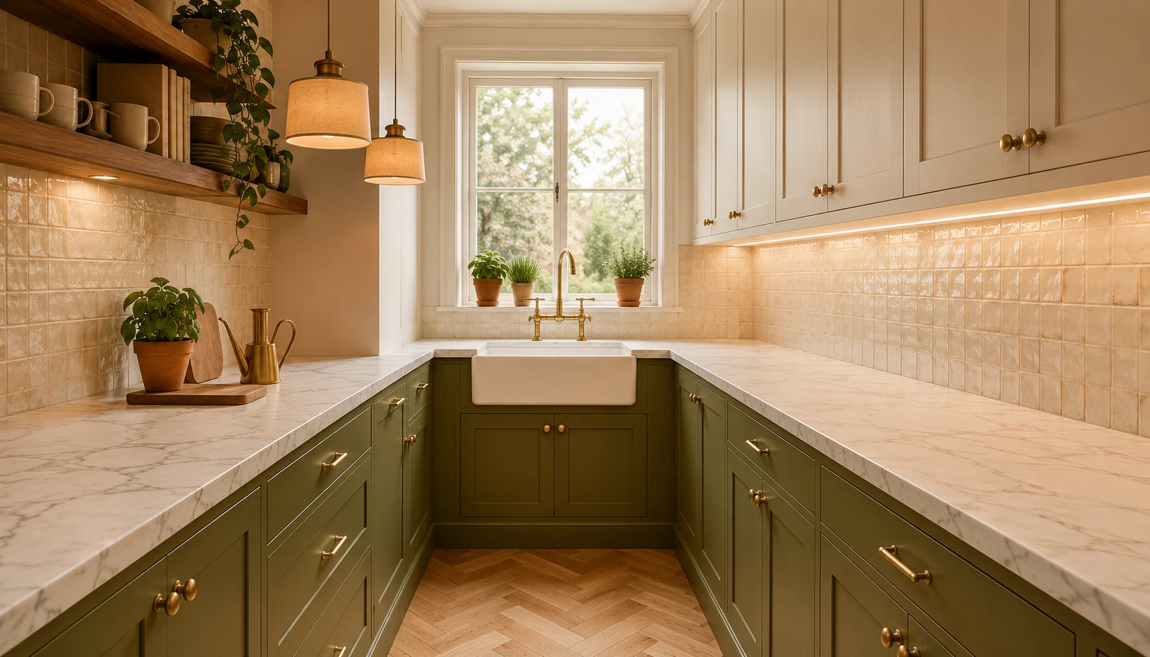 Olive green kitchen cabinets with aged brass hardware and white marble counter creating a warm earthy 2026 kitchen