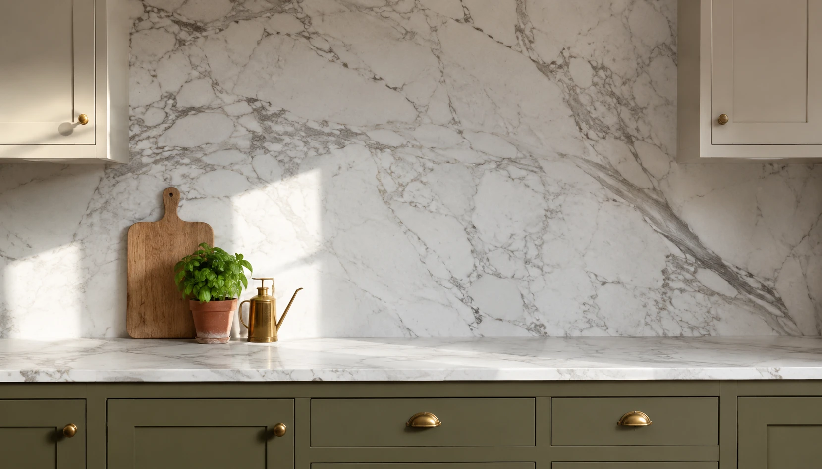 Olive green kitchen with full marble slab backsplash extending to upper cabinets creating luxe feature wall