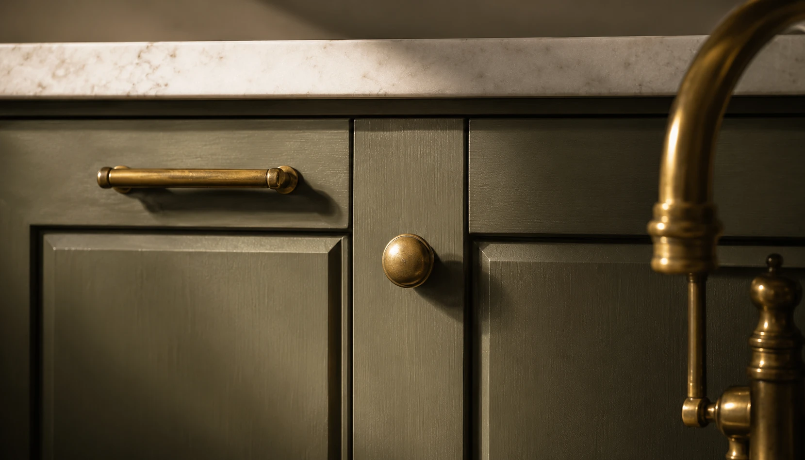 Olive green kitchen cabinets with aged brass drawer pulls and brass faucet hardware