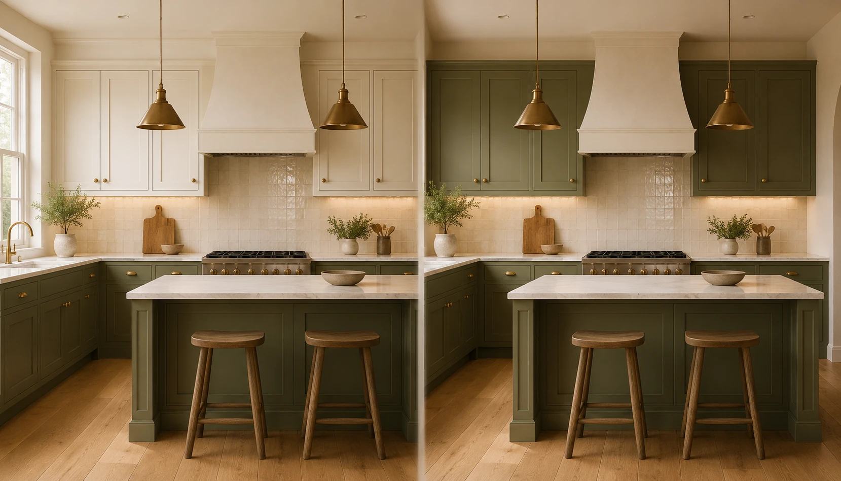 Olive green kitchen showing full cabinets versus lower cabinets only with cream uppers