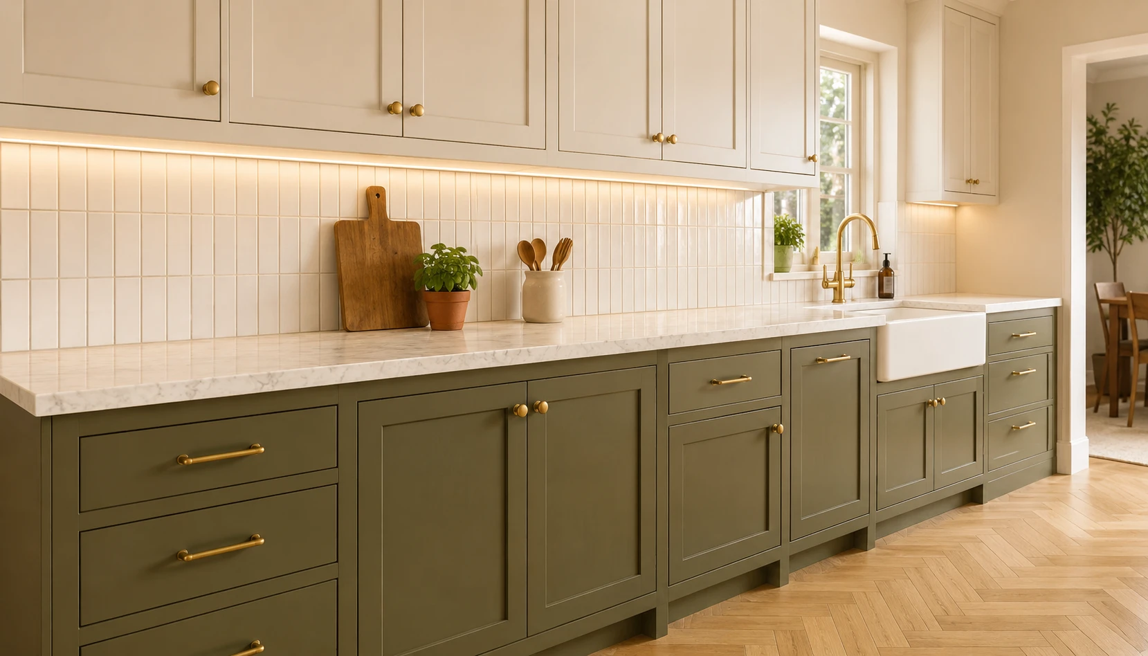 Olive green lower kitchen cabinets with cream upper cabinets and white marble counter showing balanced look