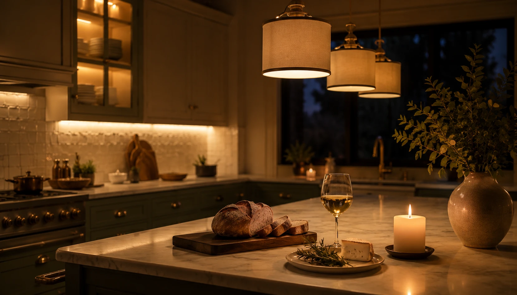 Olive green kitchen with warm pendant lights and under-cabinet lighting creating atmospheric evening glow
