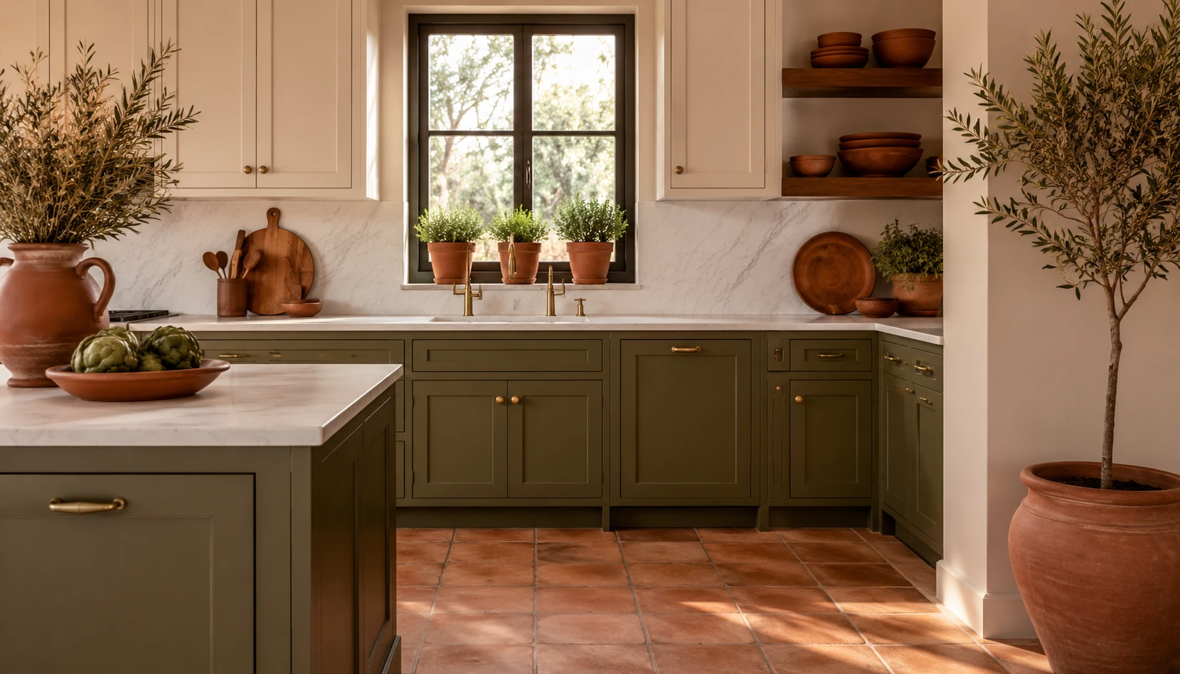 Olive green kitchen with terracotta accents pots tiles and warm earthy elements