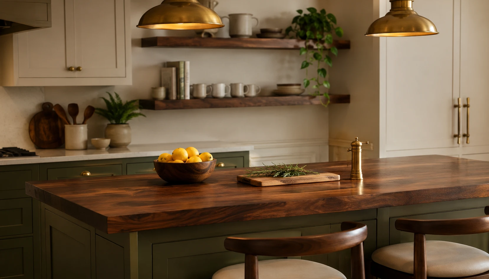 Olive green kitchen cabinets with rich walnut wood island and floating shelves