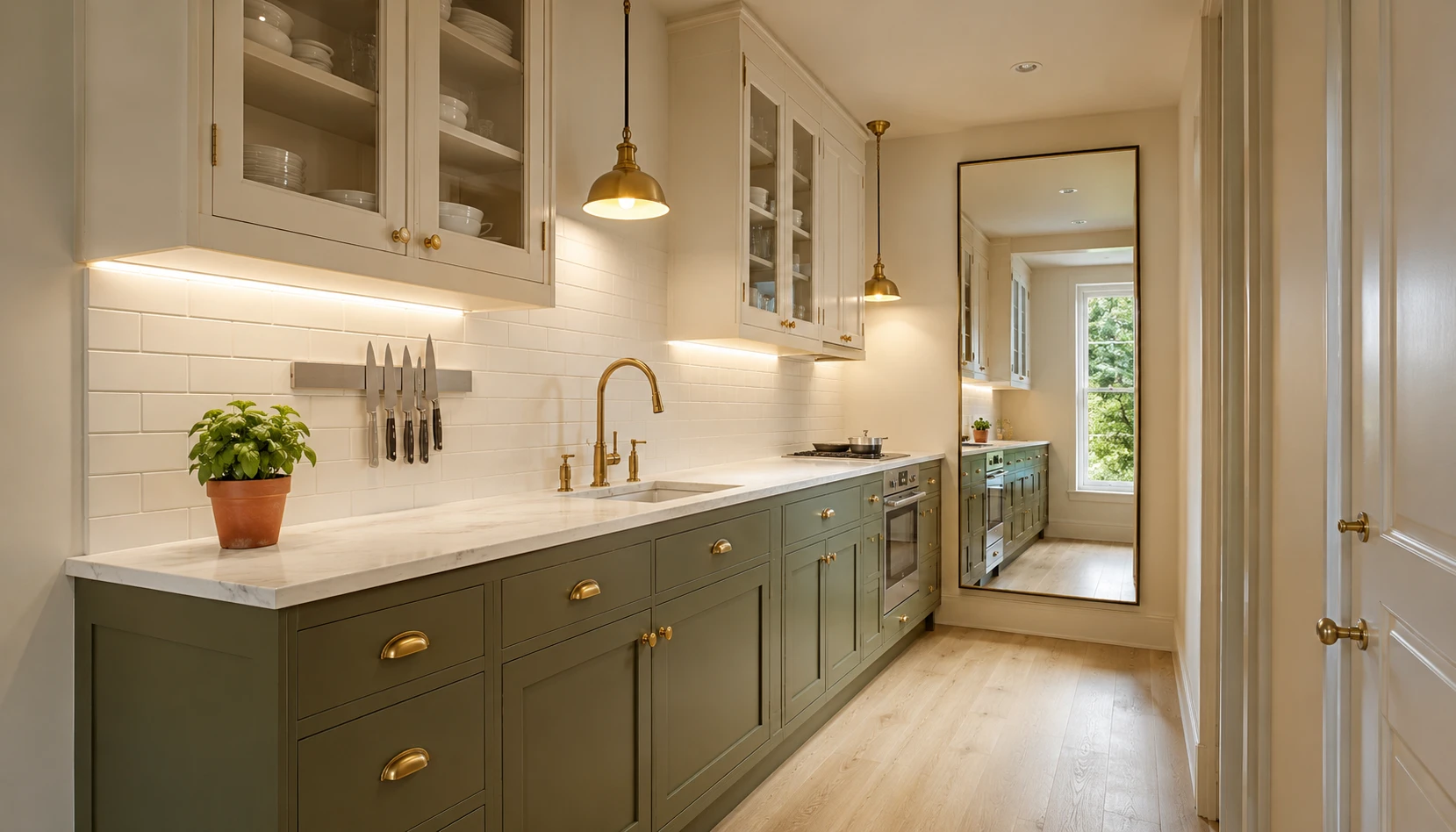 Small kitchen with olive green lower cabinets and cream uppers showing how olive works in compact kitchens