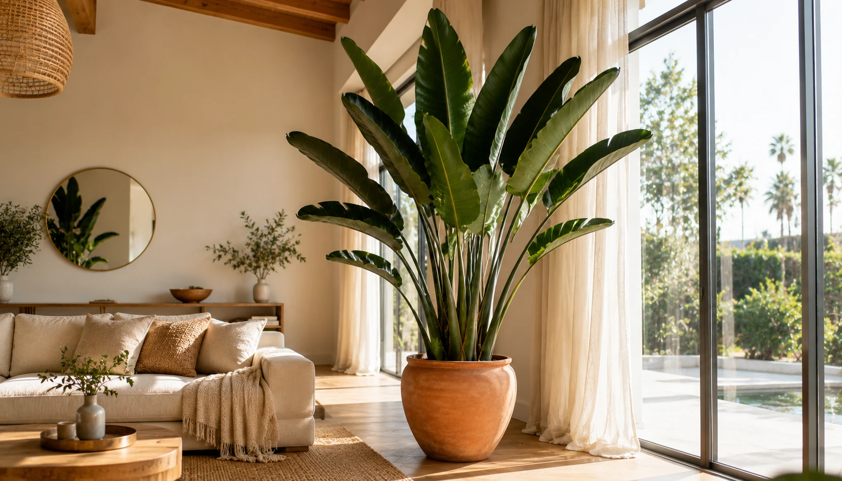 Bird of paradise plant with large tropical leaves in bright living room creating drama