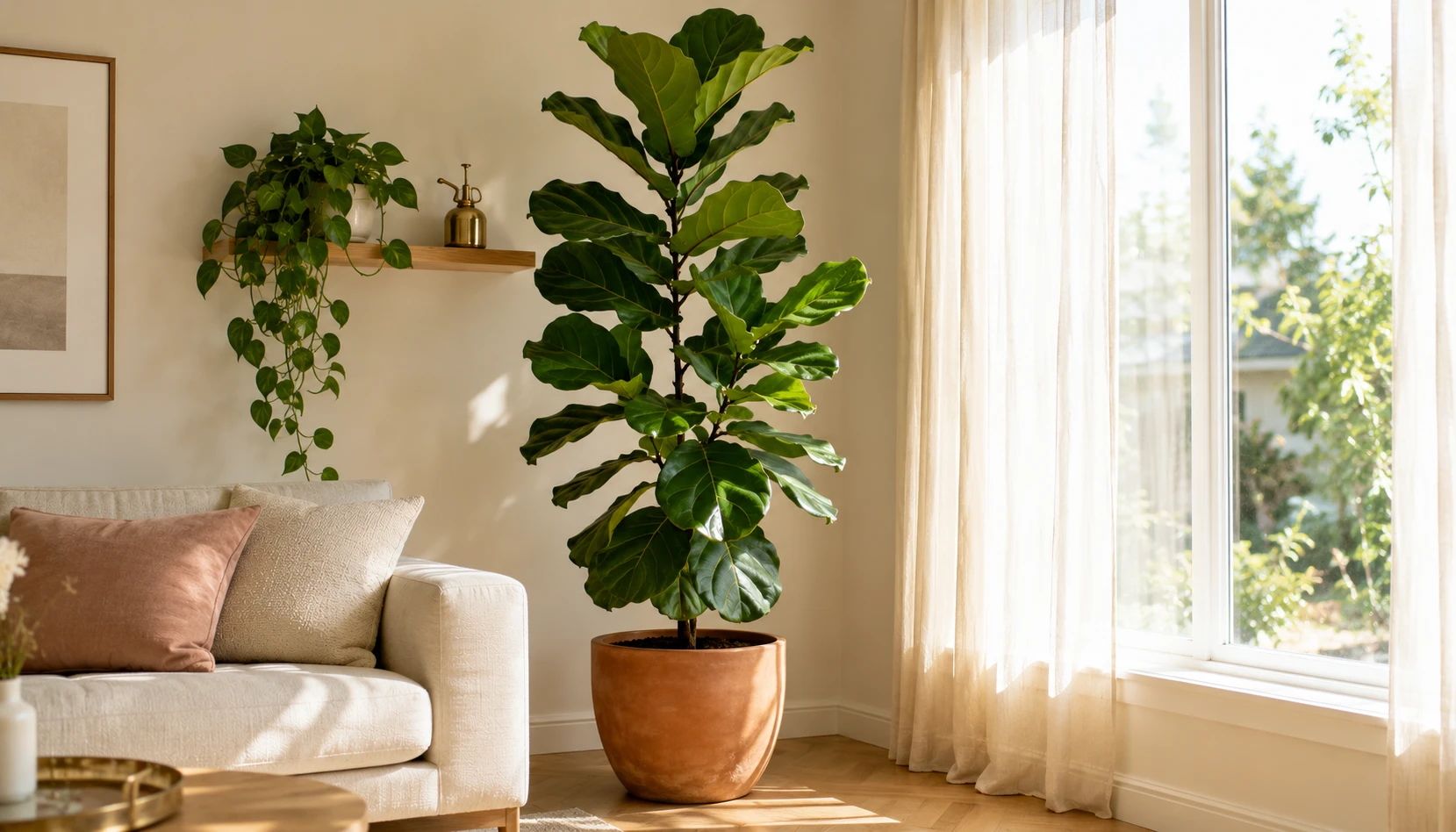 Tall fiddle leaf fig in terracotta pot in bright living room corner