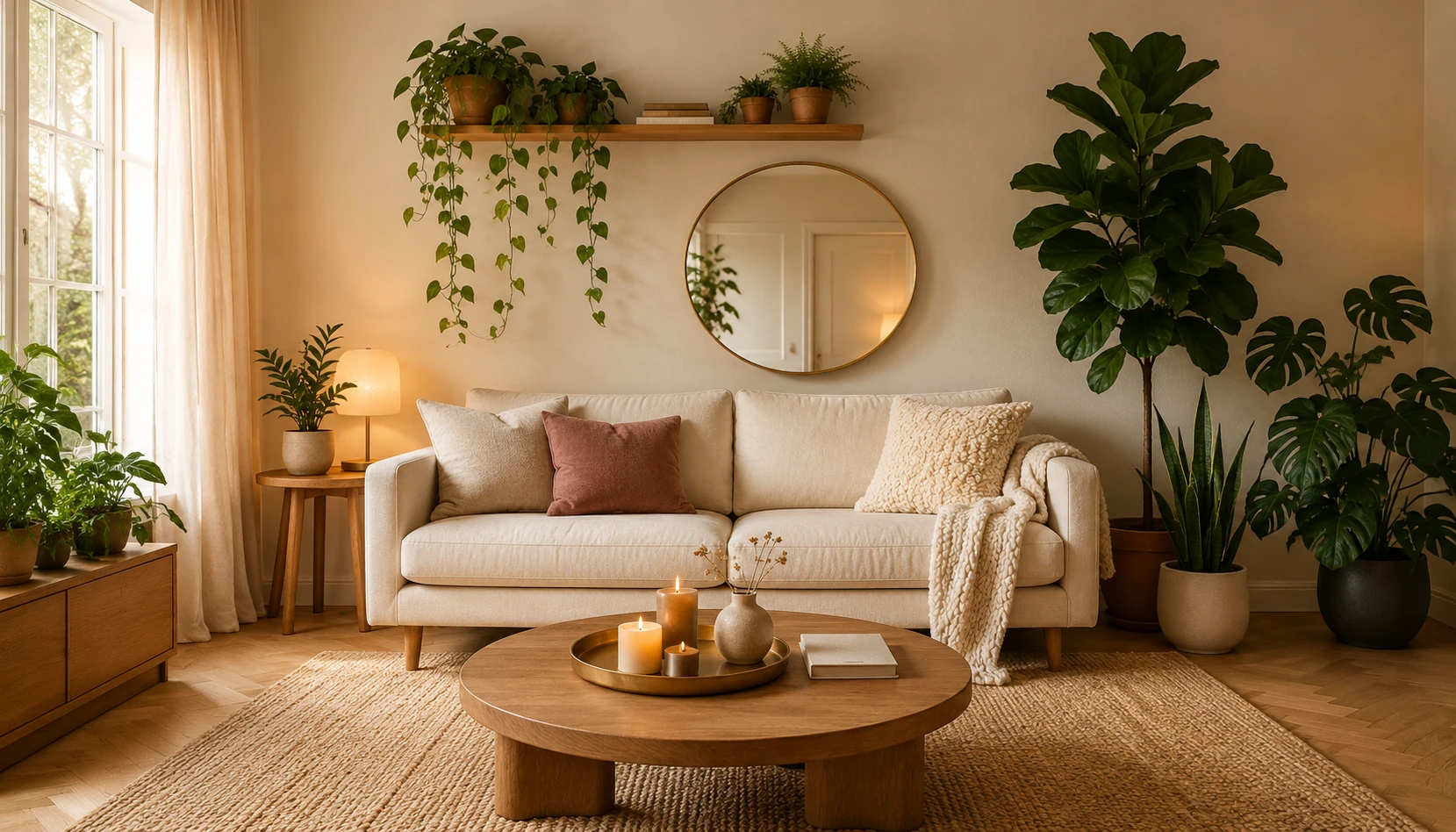 Beautiful living room with fiddle leaf fig and trailing pothos plants creating warm green indoor jungle vibe