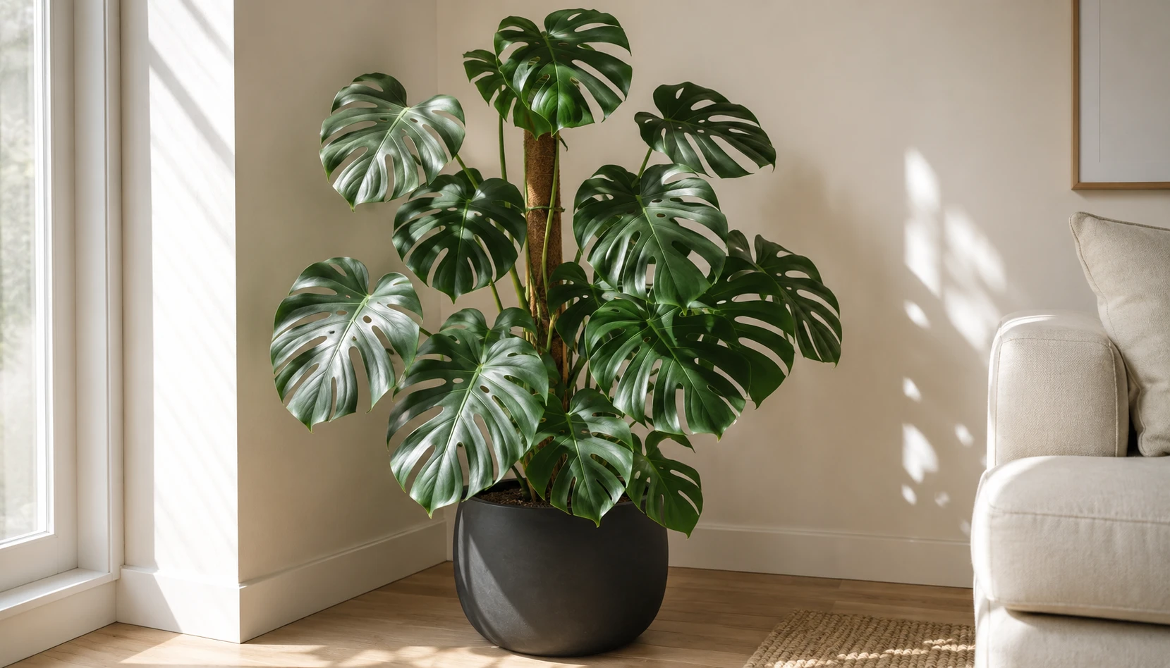 Monstera deliciosa with large split leaves in modern living room as statement plant