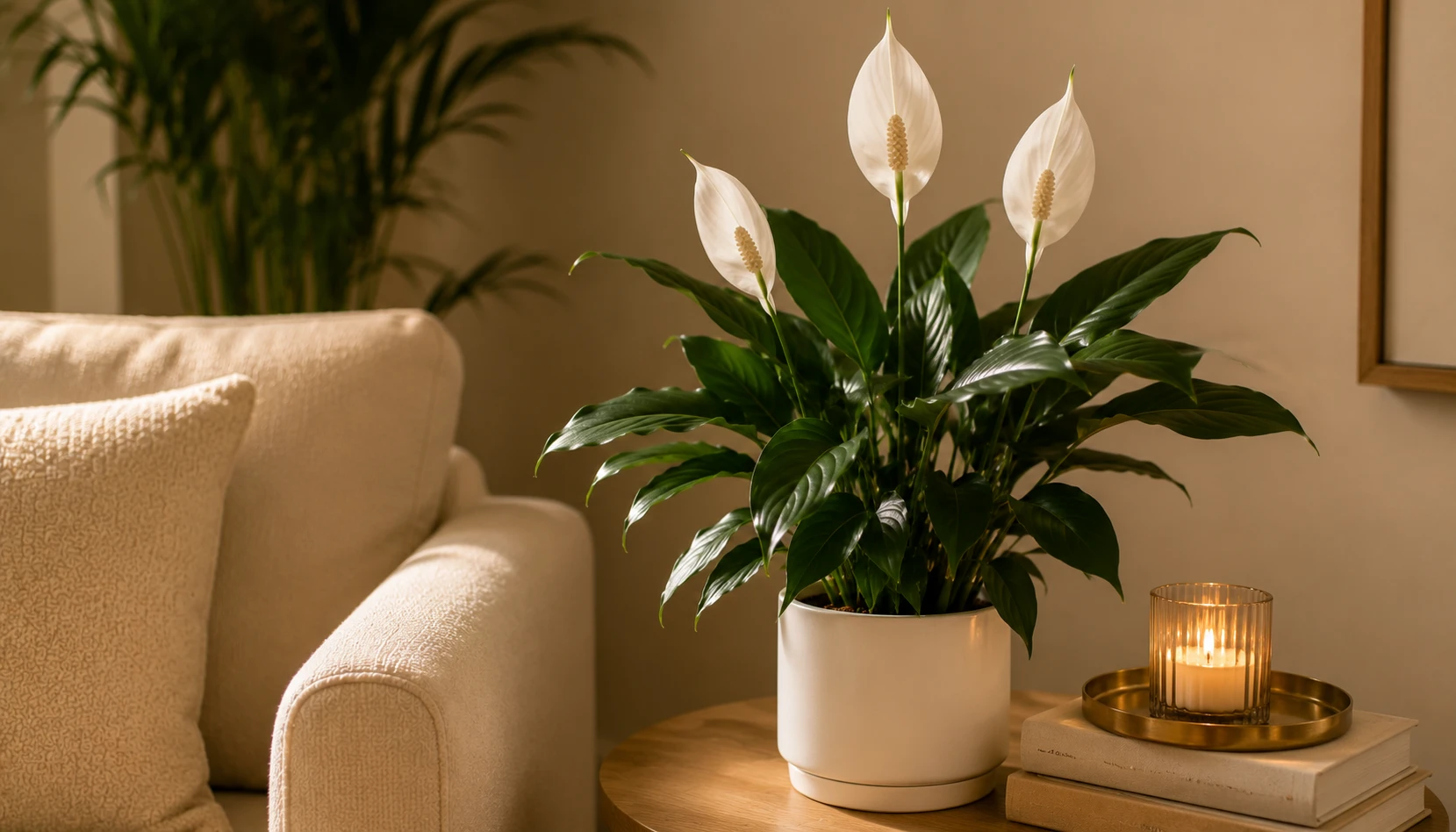 Peace lily with white flowers and dark glossy leaves in living room