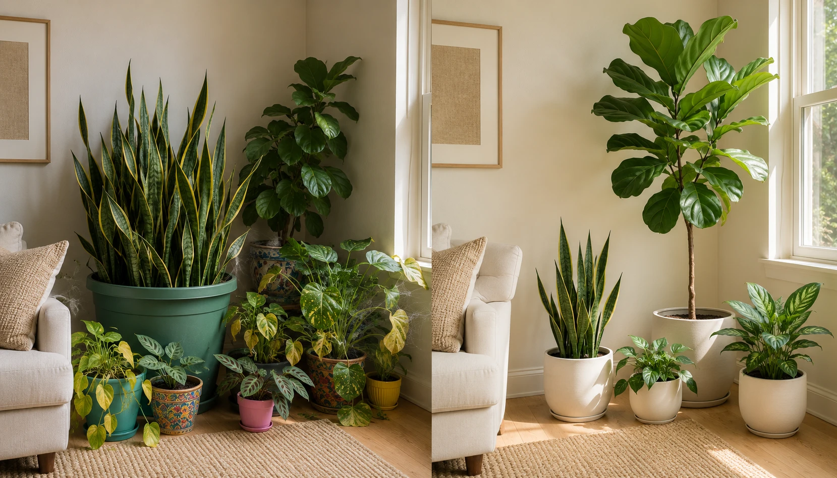 Living room showing common houseplant mistakes to avoid for healthy beautiful plants