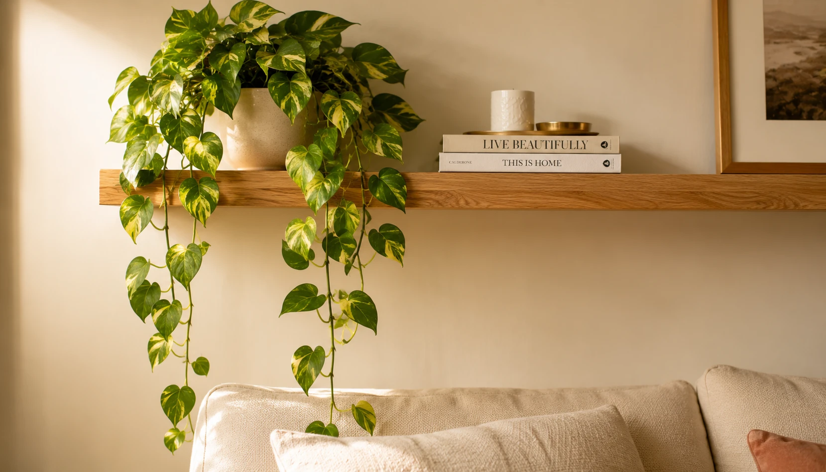 Trailing pothos plant cascading from floating shelf in styled living room