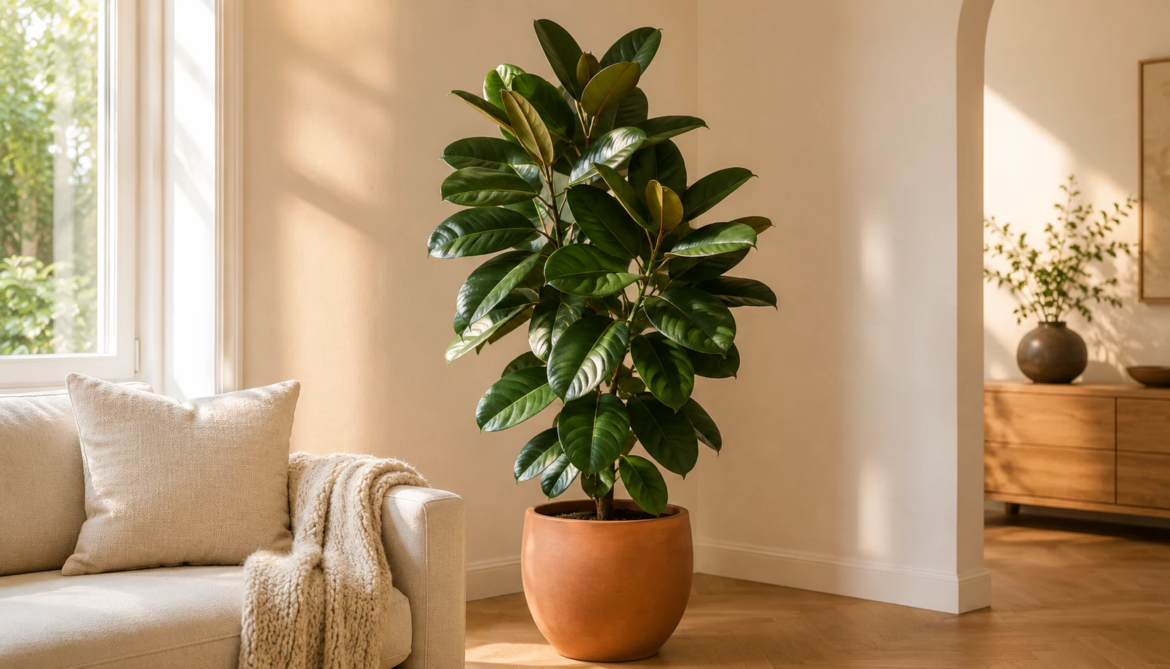 Rubber plant with glossy dark leaves in modern living room as architectural statement