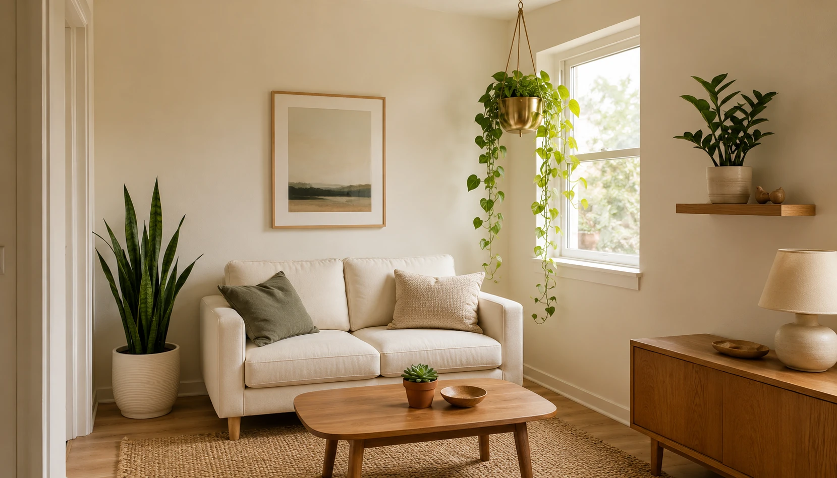 Small living room with strategically placed houseplants showing how to use plants in compact spaces