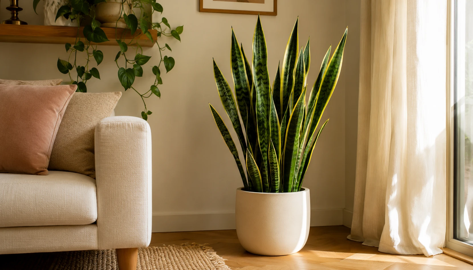 Snake plant in cream ceramic pot in modern living room with neutral decor
