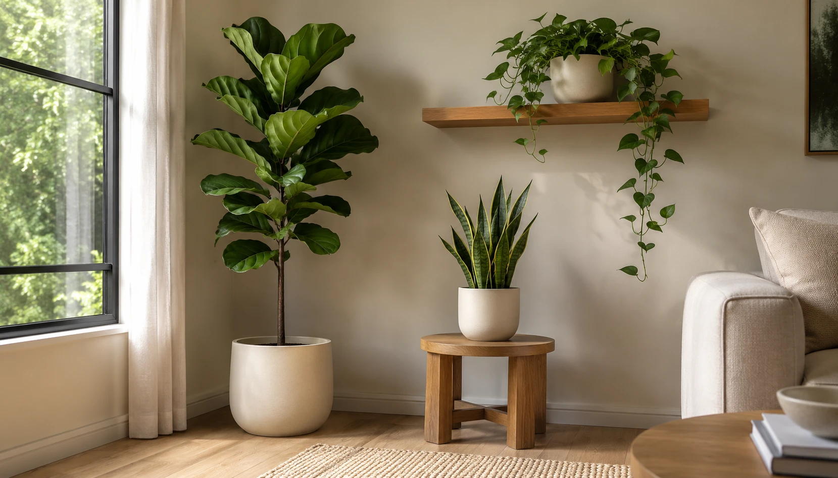 Beautifully styled living room with multiple houseplants showing perfect plant decor styling