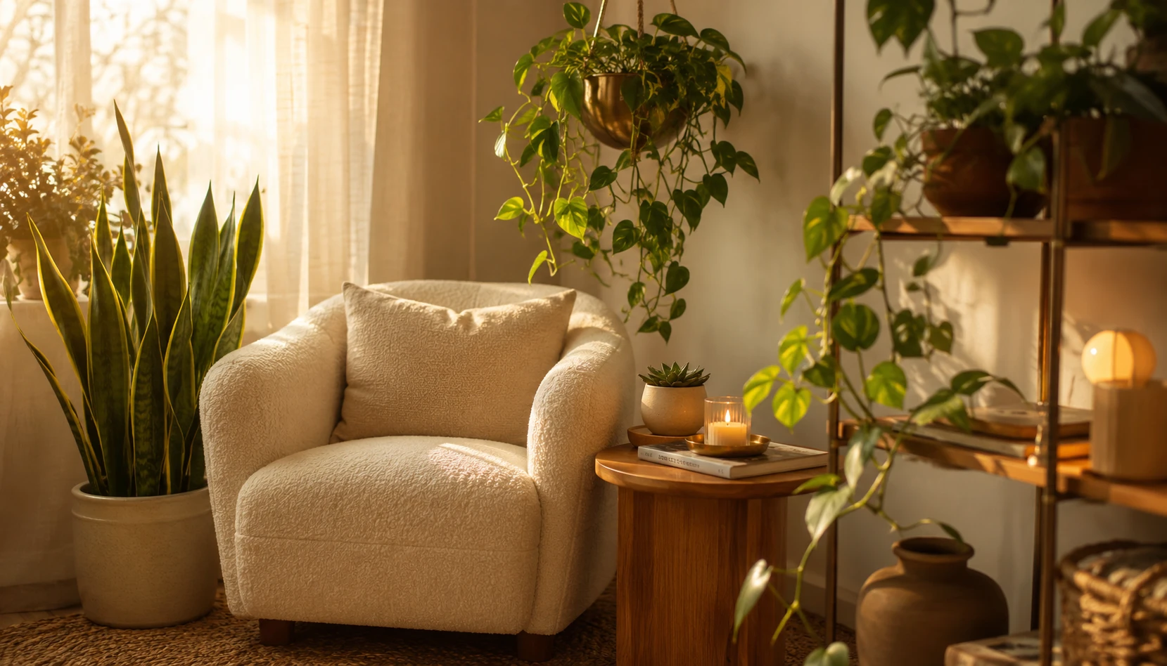 Living room with multiple houseplants showing warm indoor jungle decor vibe