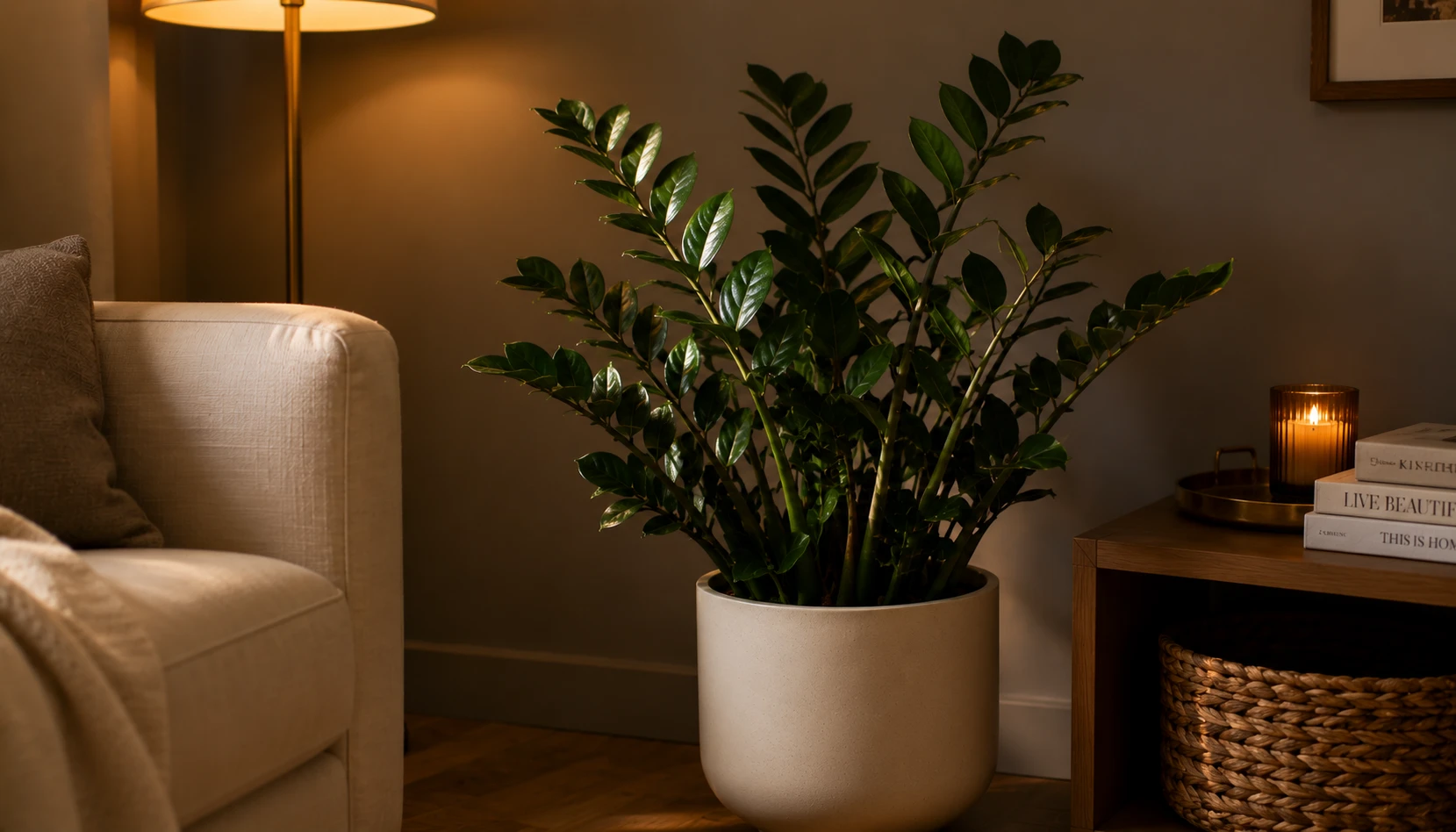 ZZ plant in dark living room corner showing tolerance for low light conditions
