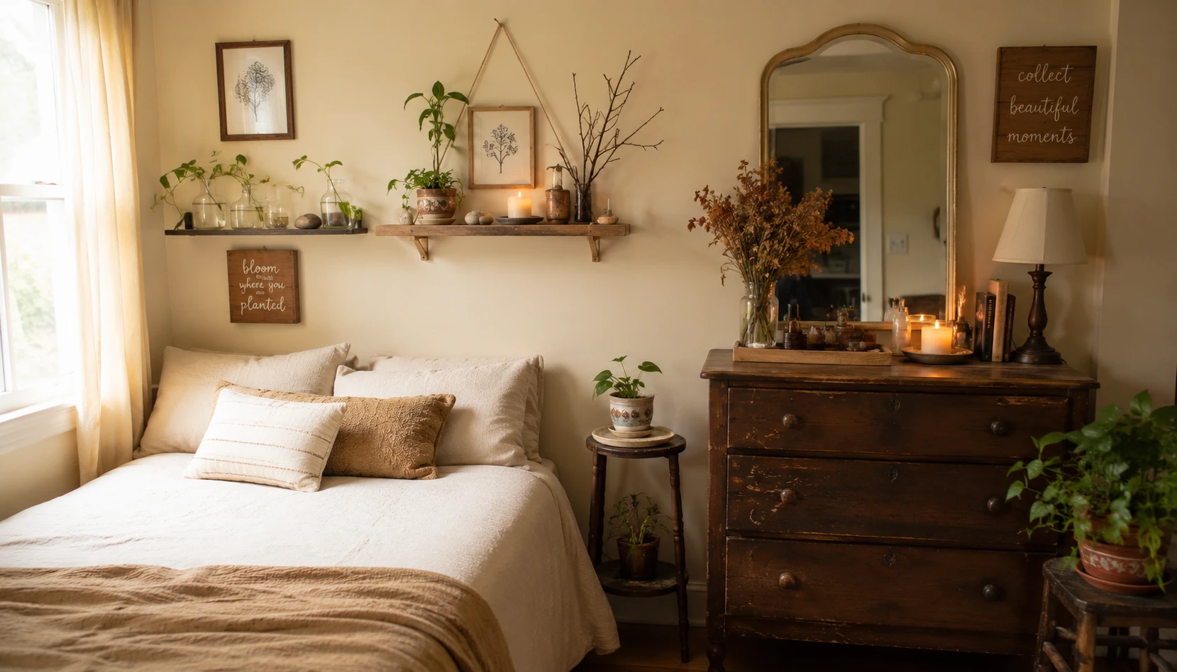 Beautifully decorated small room showing affordable decoration techniques and thrifted elements
