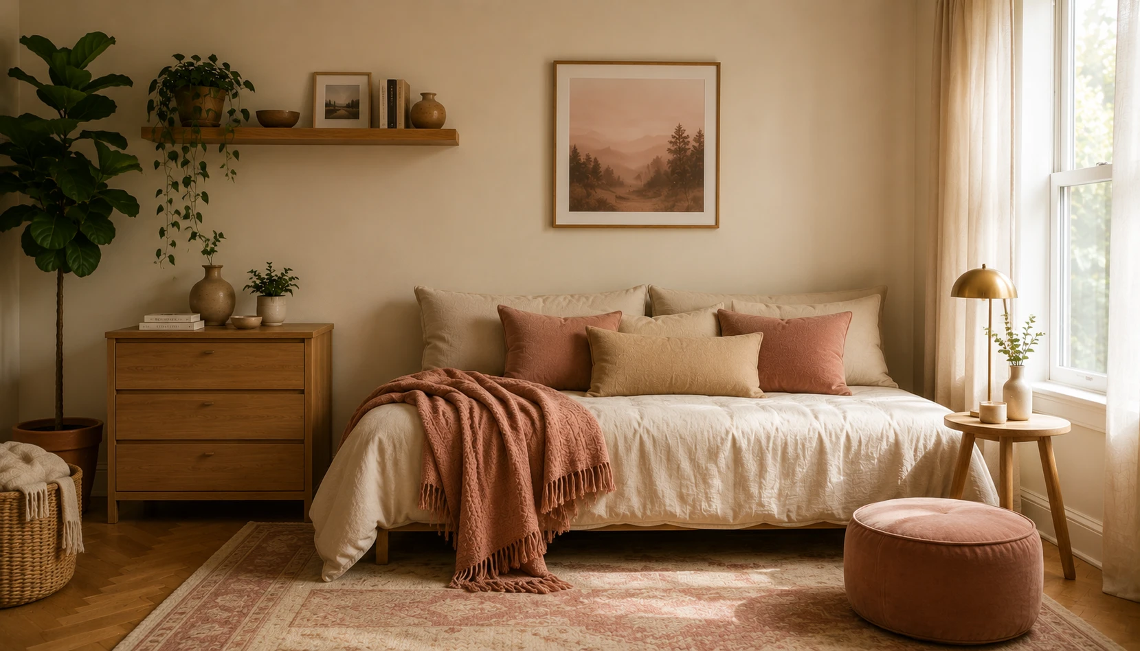 Small room showing intentional color palette with warm neutrals and one accent color creating cohesion