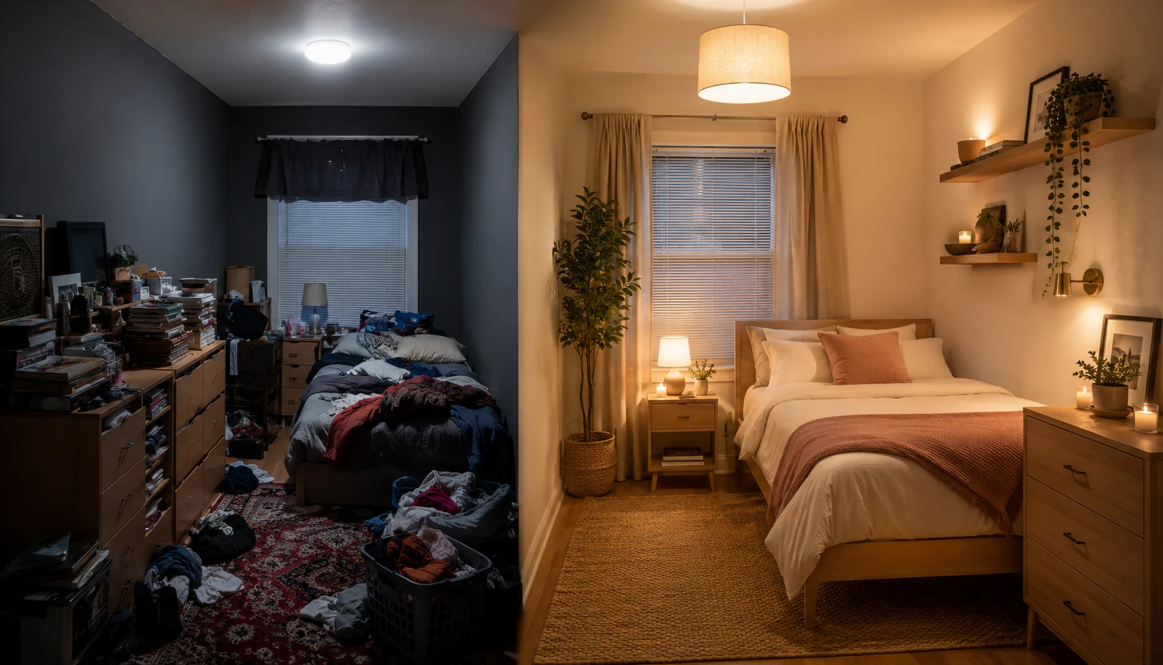 Split scene showing common small space decoration errors versus correct approaches