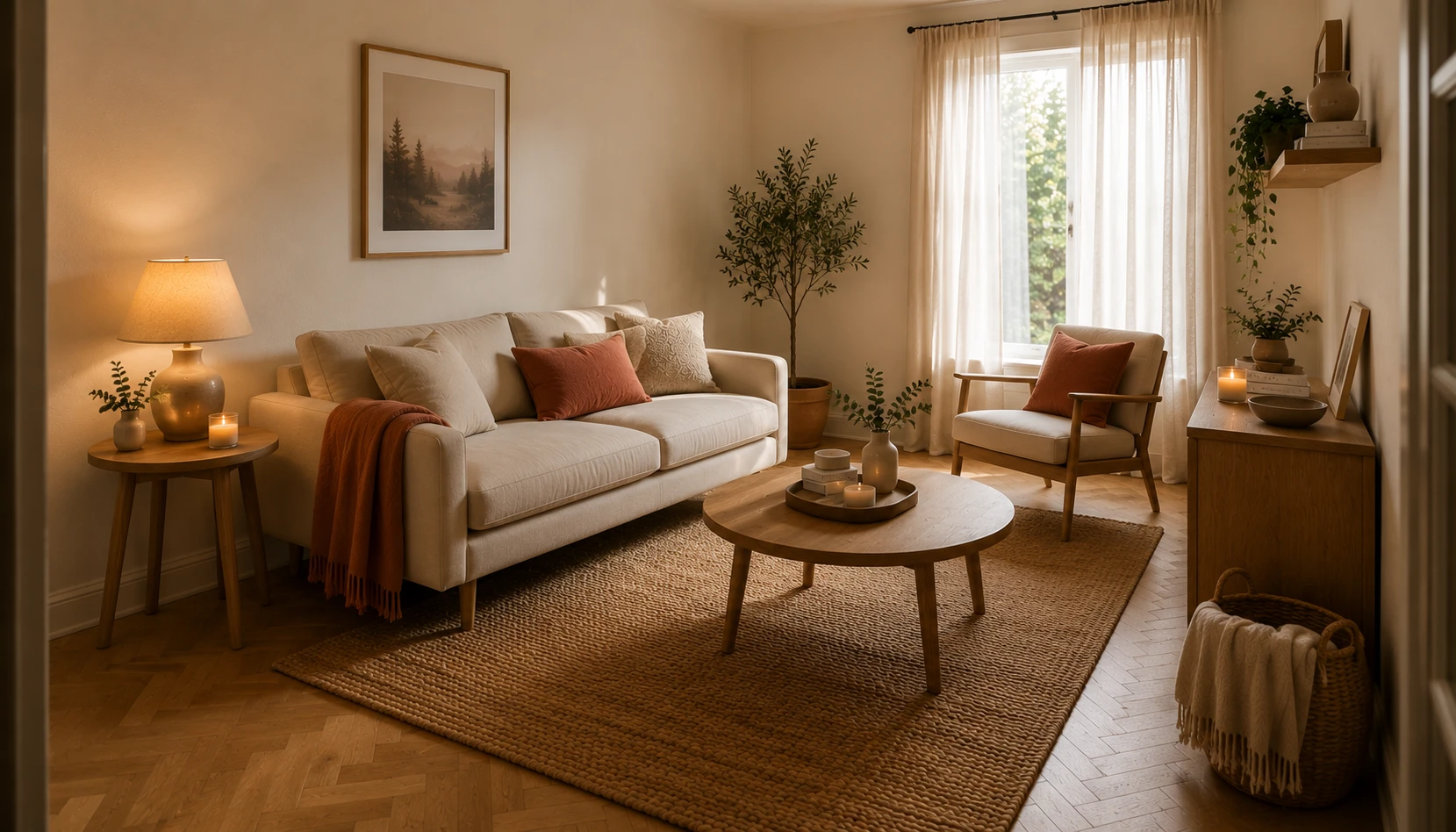 Small living room showing floated furniture arrangement creating visual openness and intentional layout
